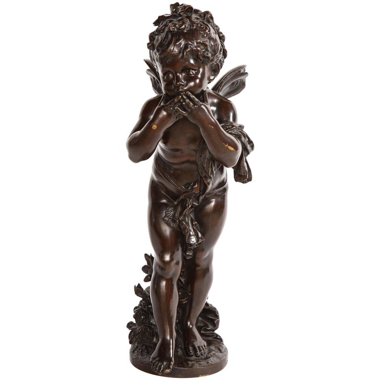 French Patinated Bronze Cherub Sculpture, Signed by Auguste Moreau For Sale