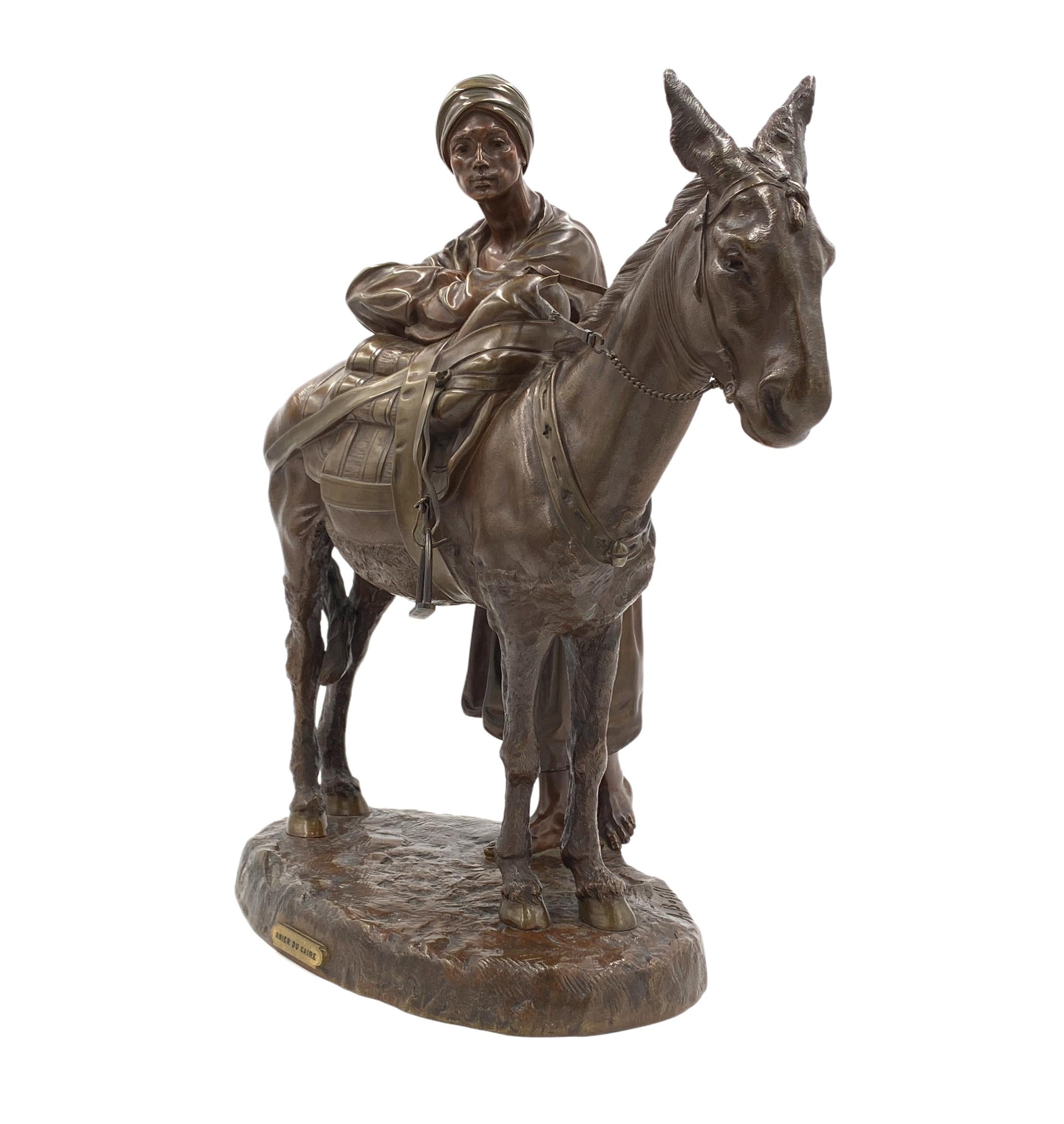 French Patinated Bronze Group of a Figure and Donkey, Entitled Anier Du Caire In Good Condition For Sale In London, GB