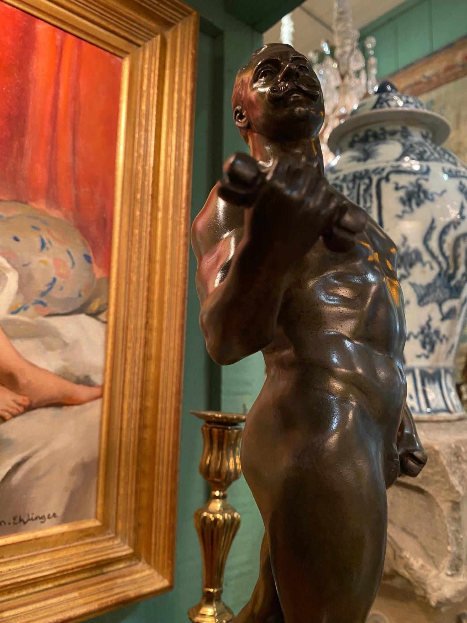 A French Patinated Metal Model Nude Body Builder After A Model By Rene Paris For Sale 10