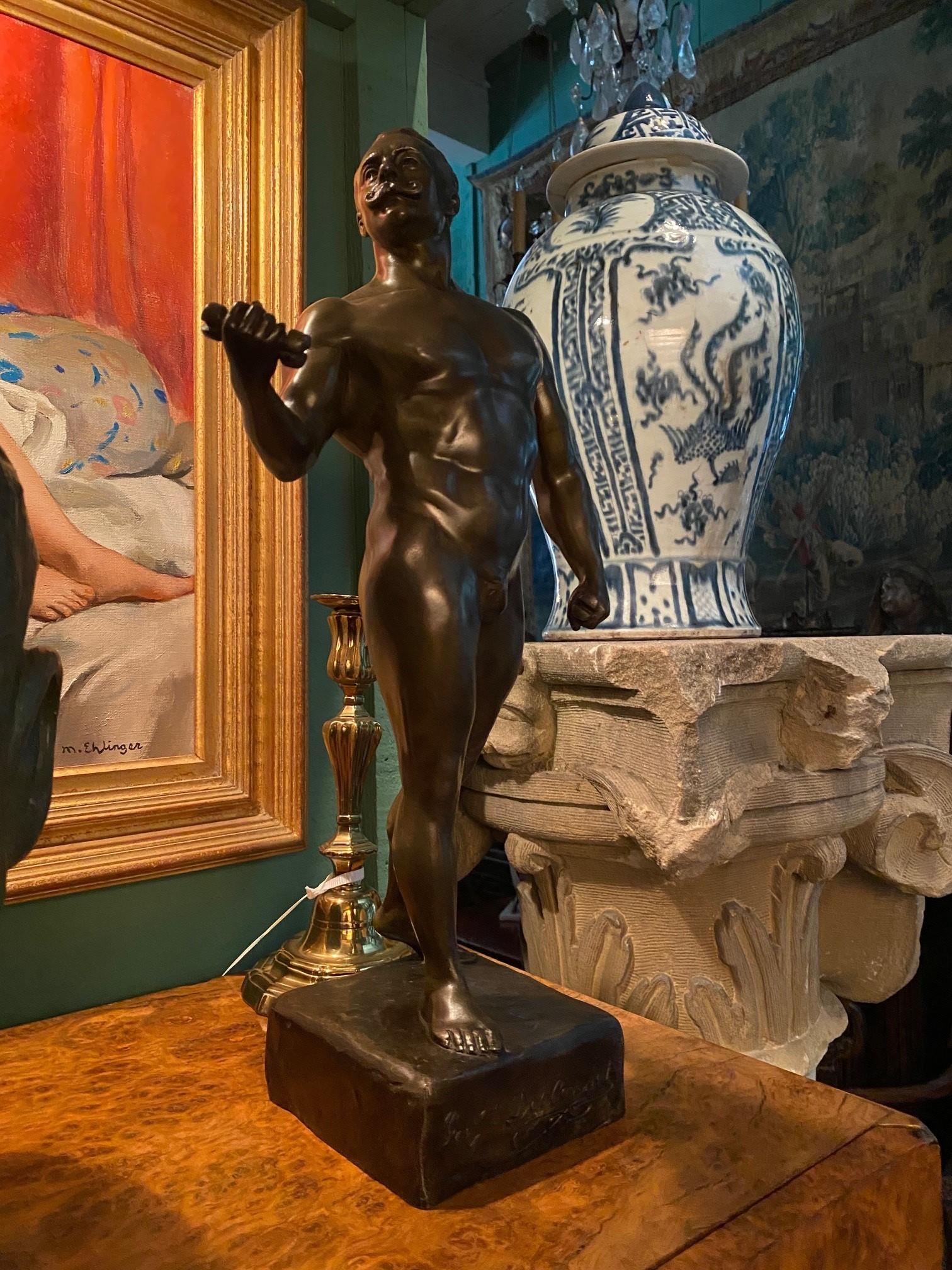 A French Patinated Metal Model Nude Body Builder After A Model By Rene Paris For Sale 13