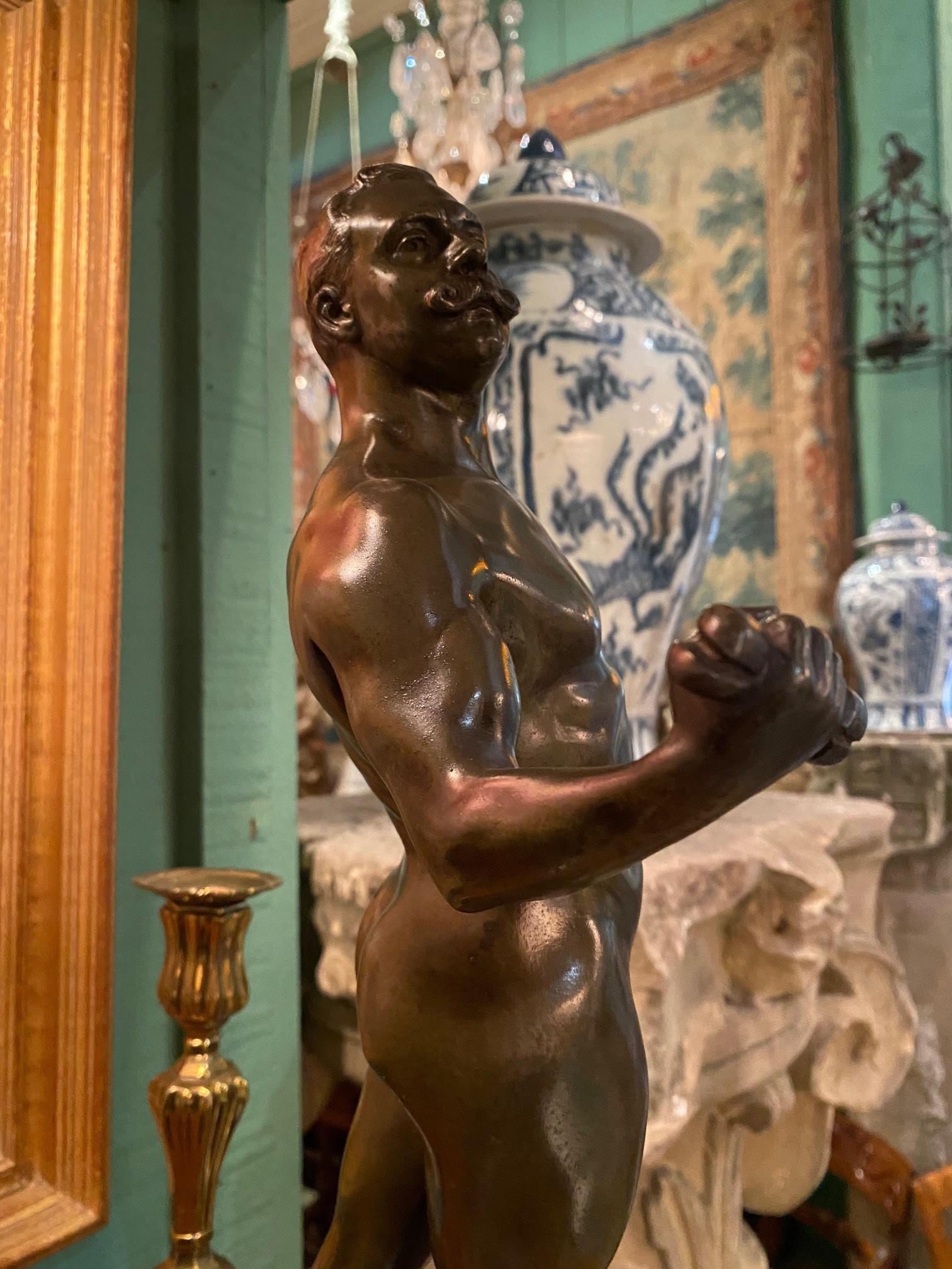 A French Patinated Metal Model Nude Body Builder After A Model By Rene Paris For Sale 14