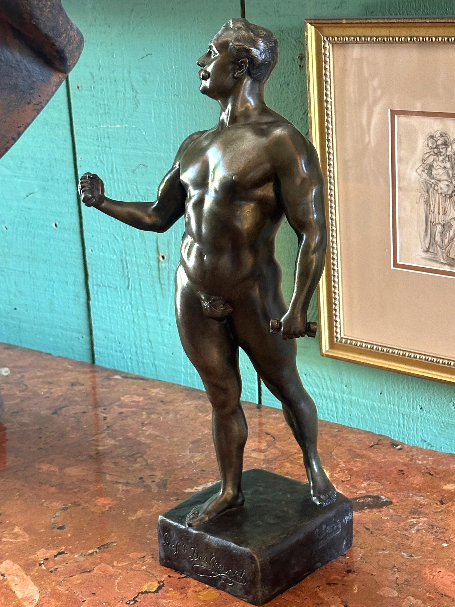 A French Patinated Metal Model Nude Body Builder After A Model By Rene Paris (1881-1970) Early 20th Century of the Model Edmond Desbonnet, a prominent figure in French physical culture in the late 19th and early 20th centuries. He was a physical