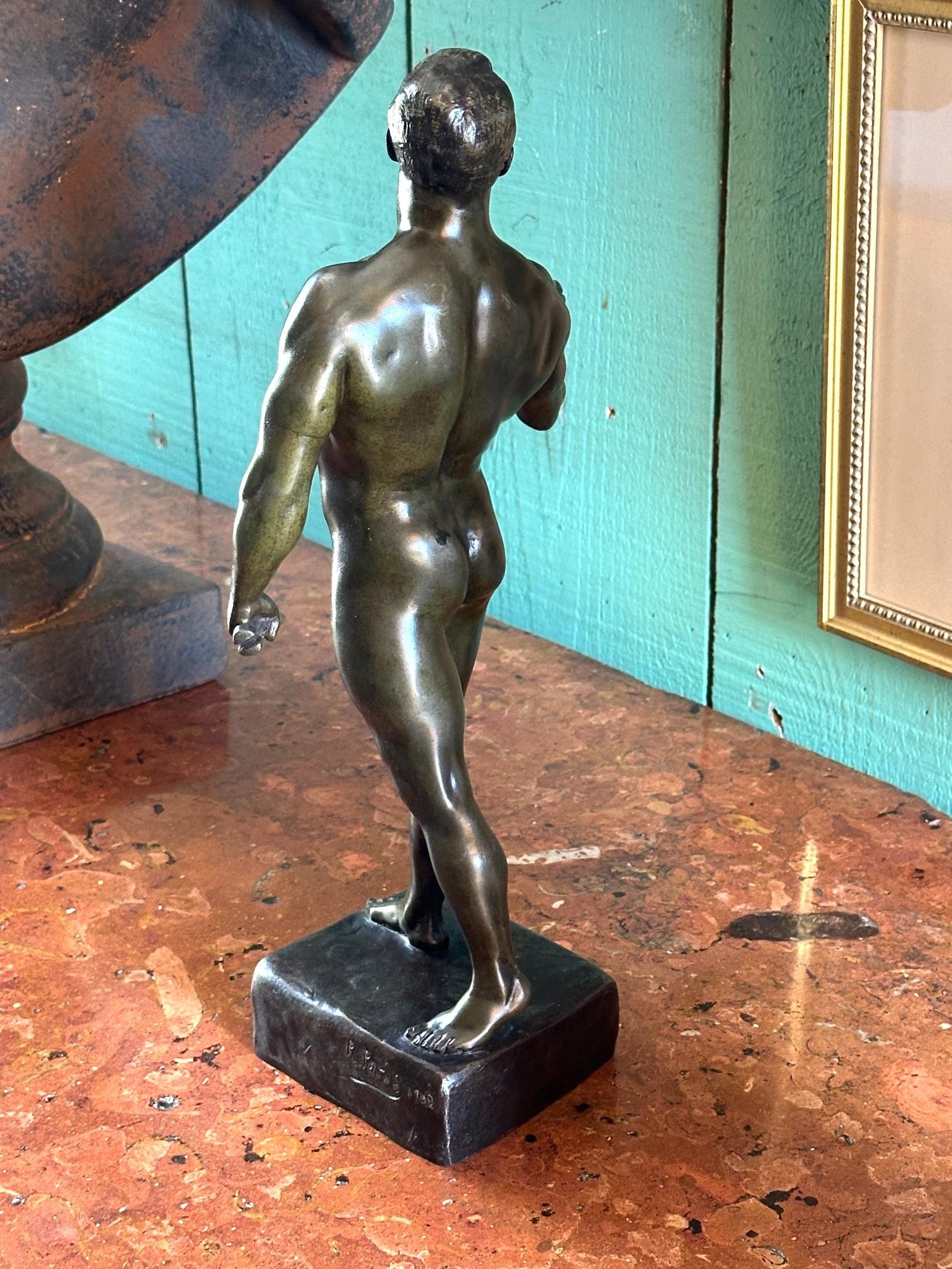Hand-Crafted A French Patinated Metal Model Nude Body Builder After A Model By Rene Paris For Sale
