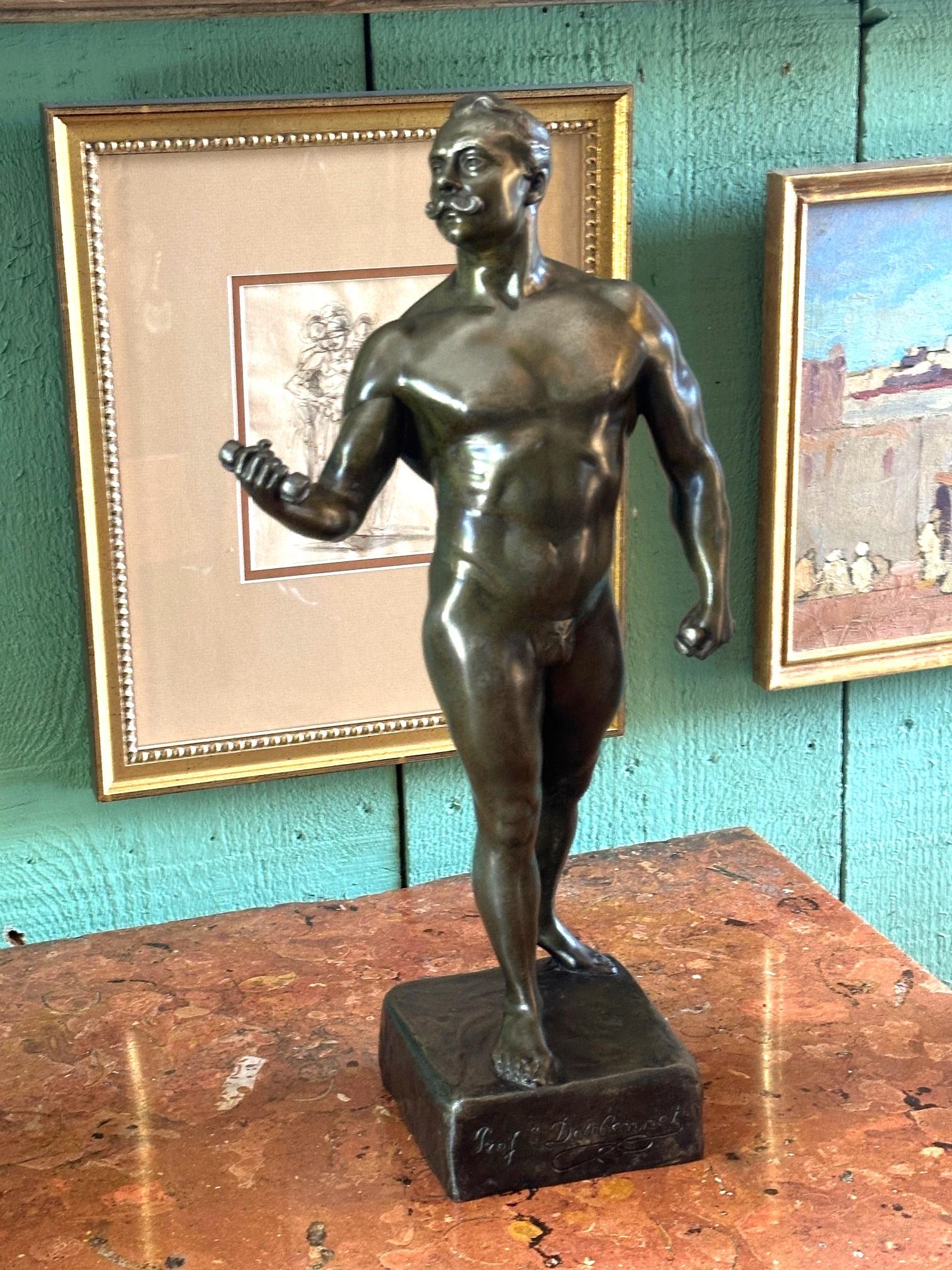 A French Patinated Metal Model Nude Body Builder After A Model By Rene Paris In Fair Condition For Sale In West Hollywood, CA