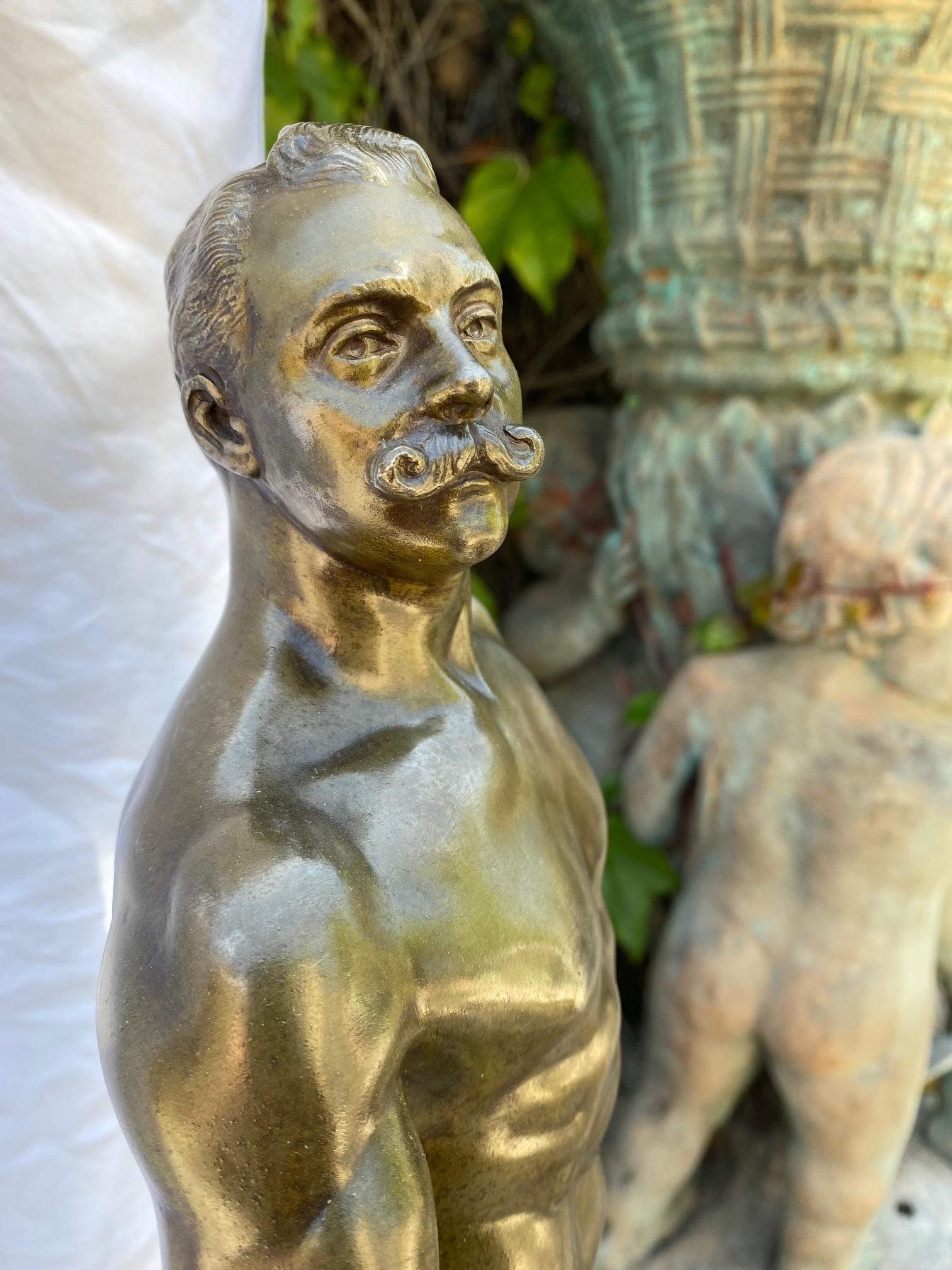 20th Century A French Patinated Metal Model Nude Body Builder After A Model By Rene Paris For Sale