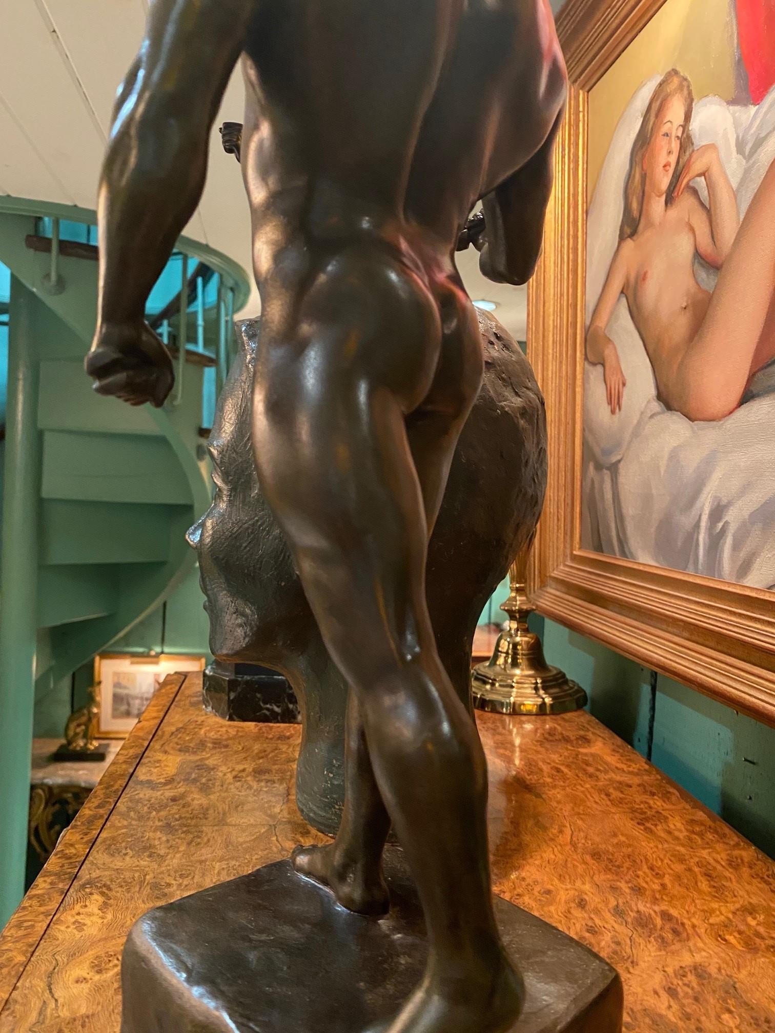 A French Patinated Metal Model Nude Body Builder After A Model By Rene Paris For Sale 4