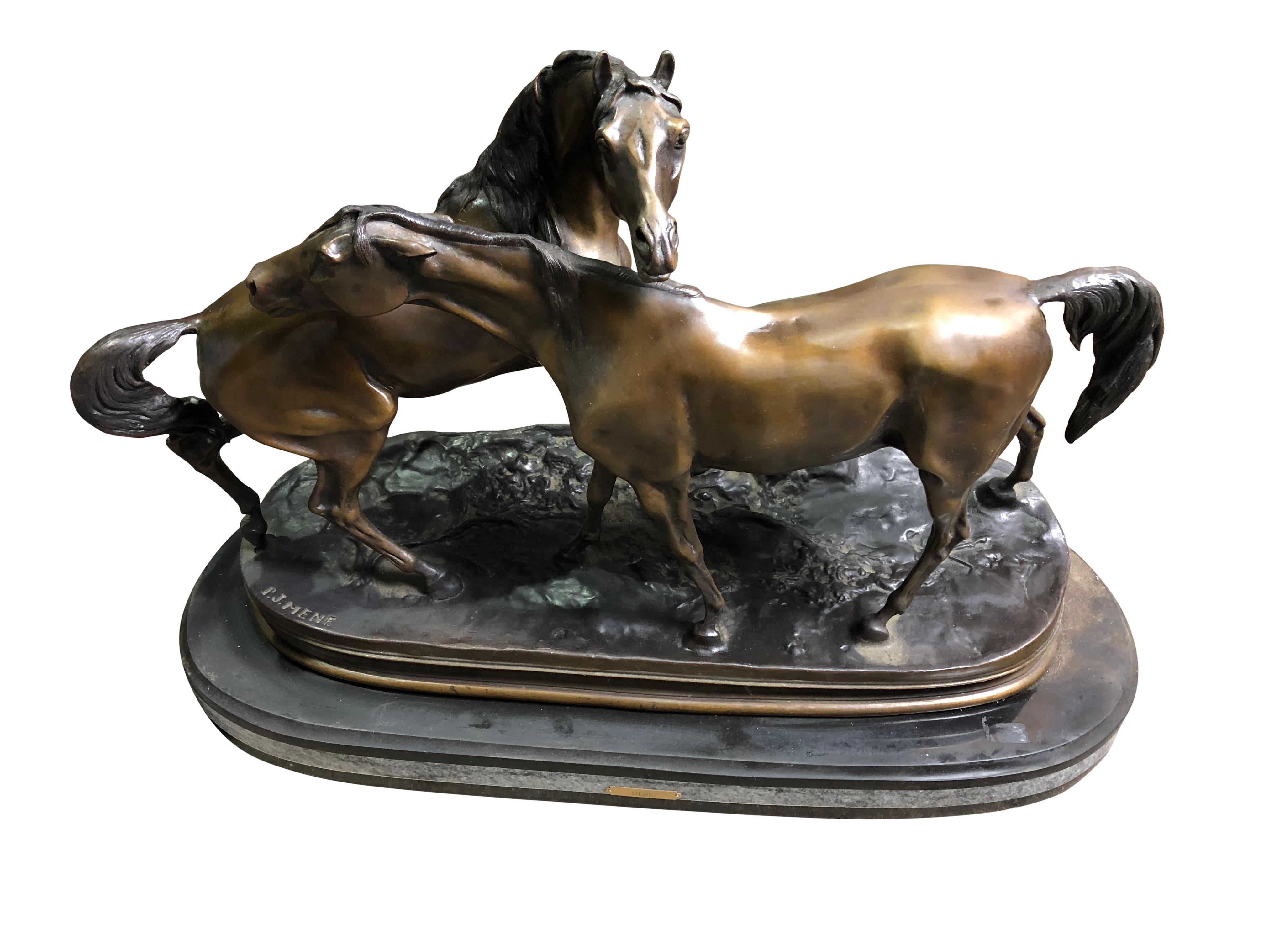 French Patinated Miniature Bronze Figure of Two Horses by P.J. Mene For Sale 5