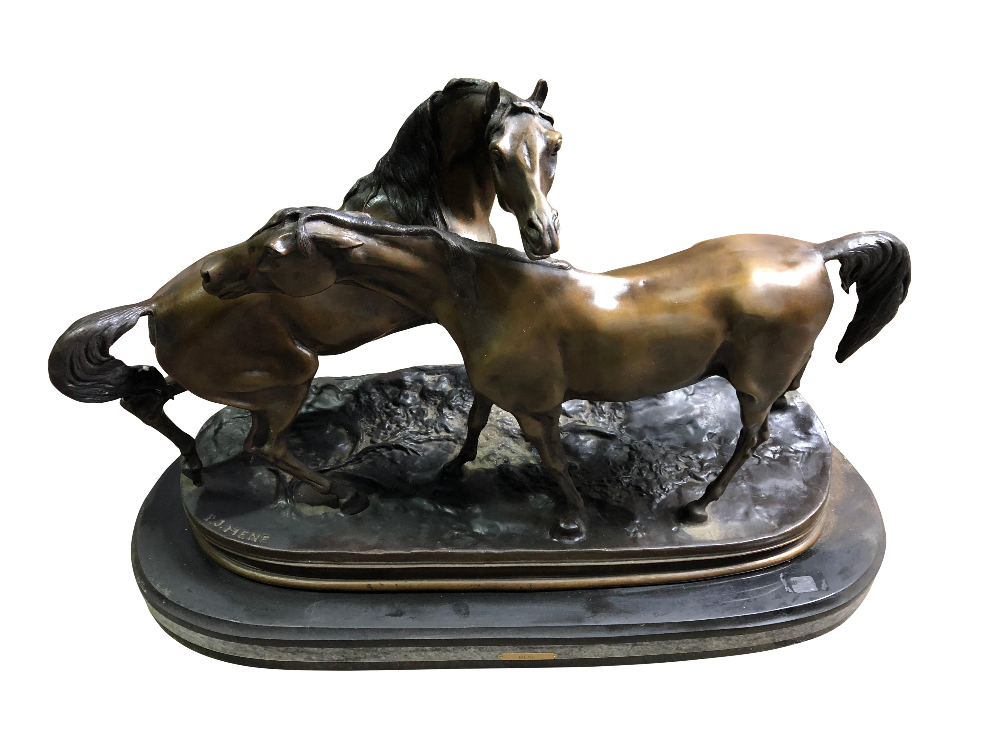 A gorgeous French patinated miniature bronze figure of two horses by P.J. Mene, 20th century. This beautiful scene is offered on a large marble base. Perfect for any home and ready for use right away.