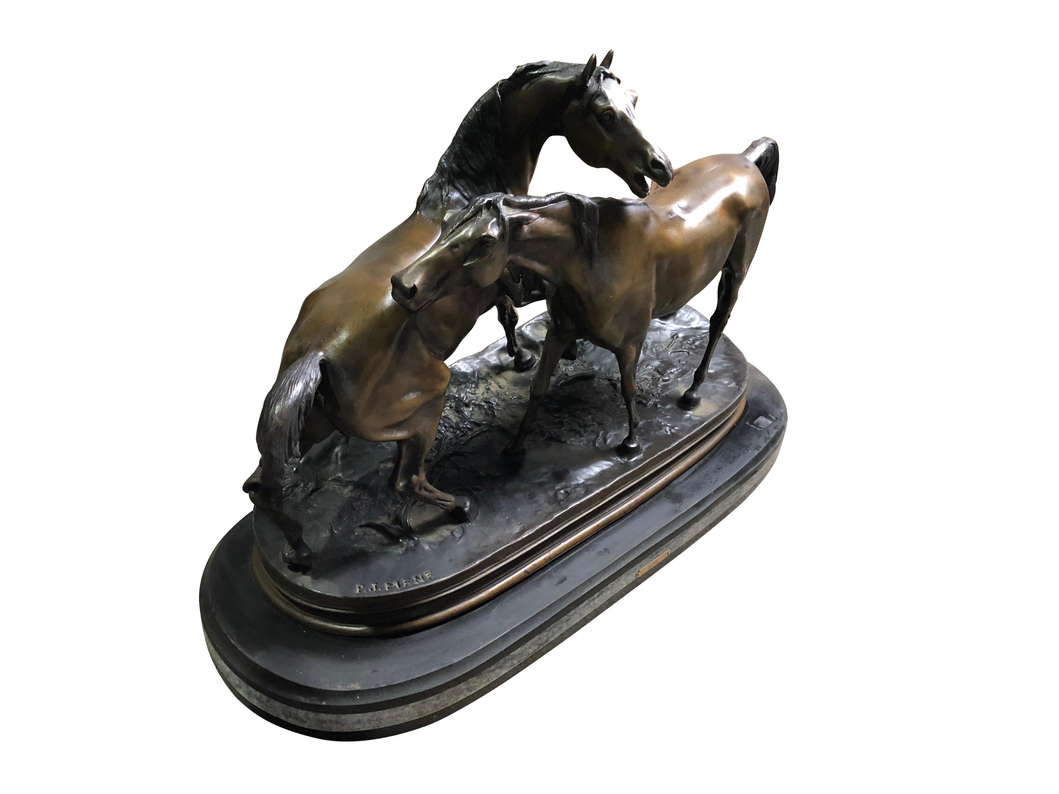 French Patinated Miniature Bronze Figure of Two Horses by P.J. Mene For Sale 4