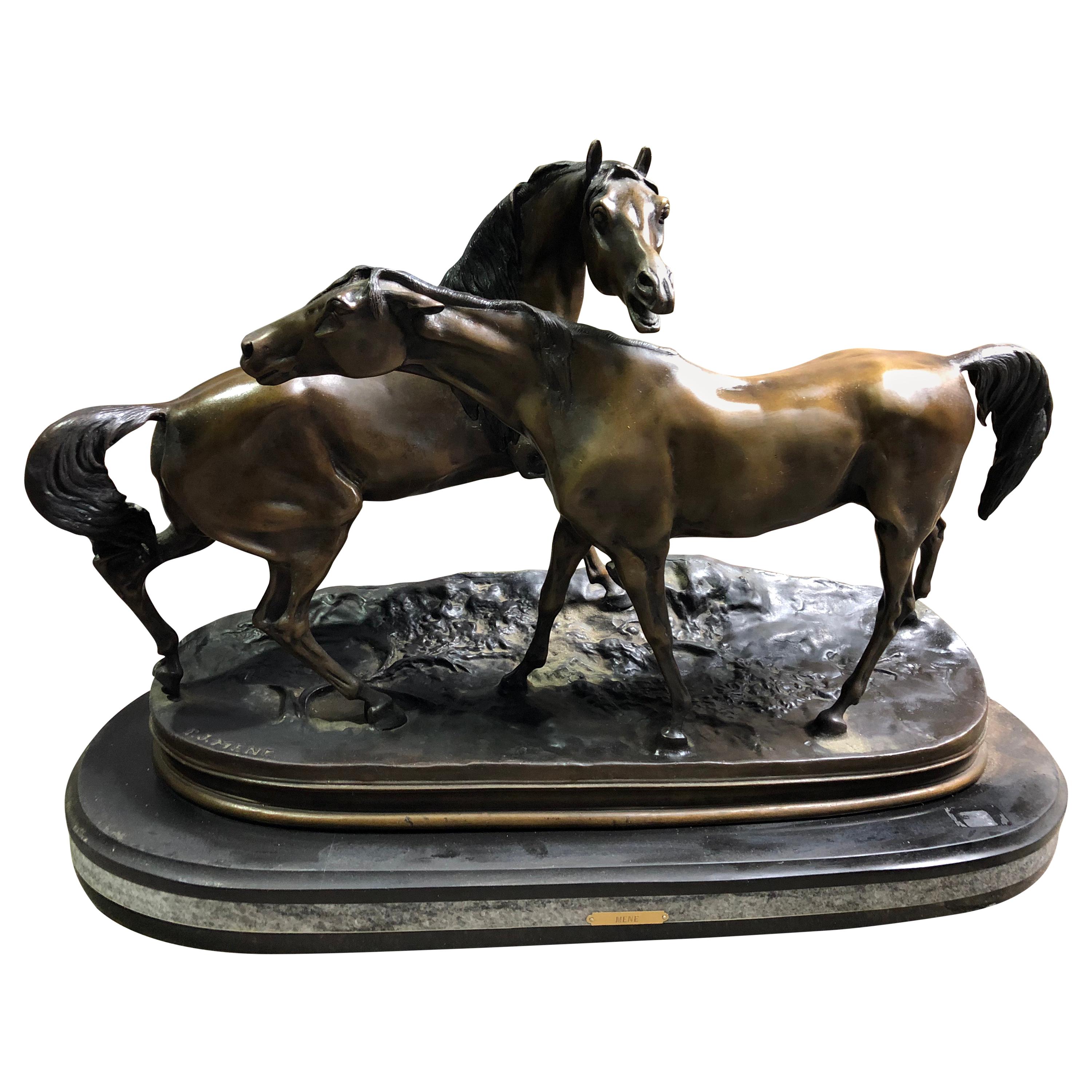 French Patinated Miniature Bronze Figure of Two Horses by P.J. Mene For Sale
