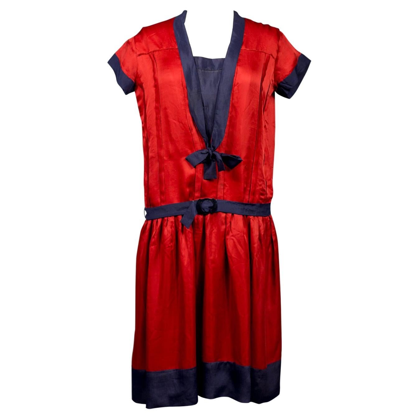 A French Patriotic Navy Dress In Satin And Silk Crepe- Circa 1920 For Sale