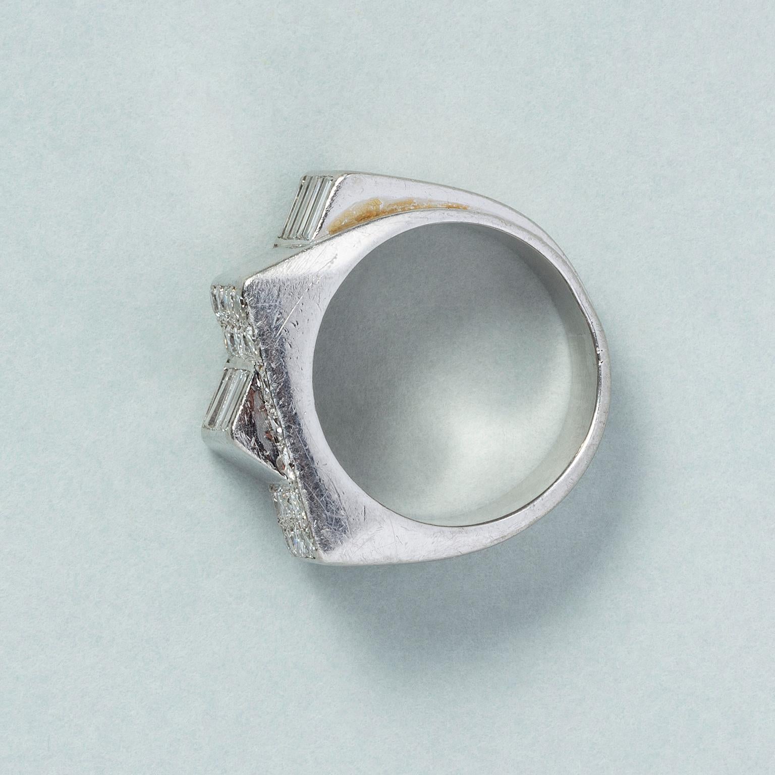 Women's or Men's A French Platinum Art Deco Ring with Diamonds For Sale