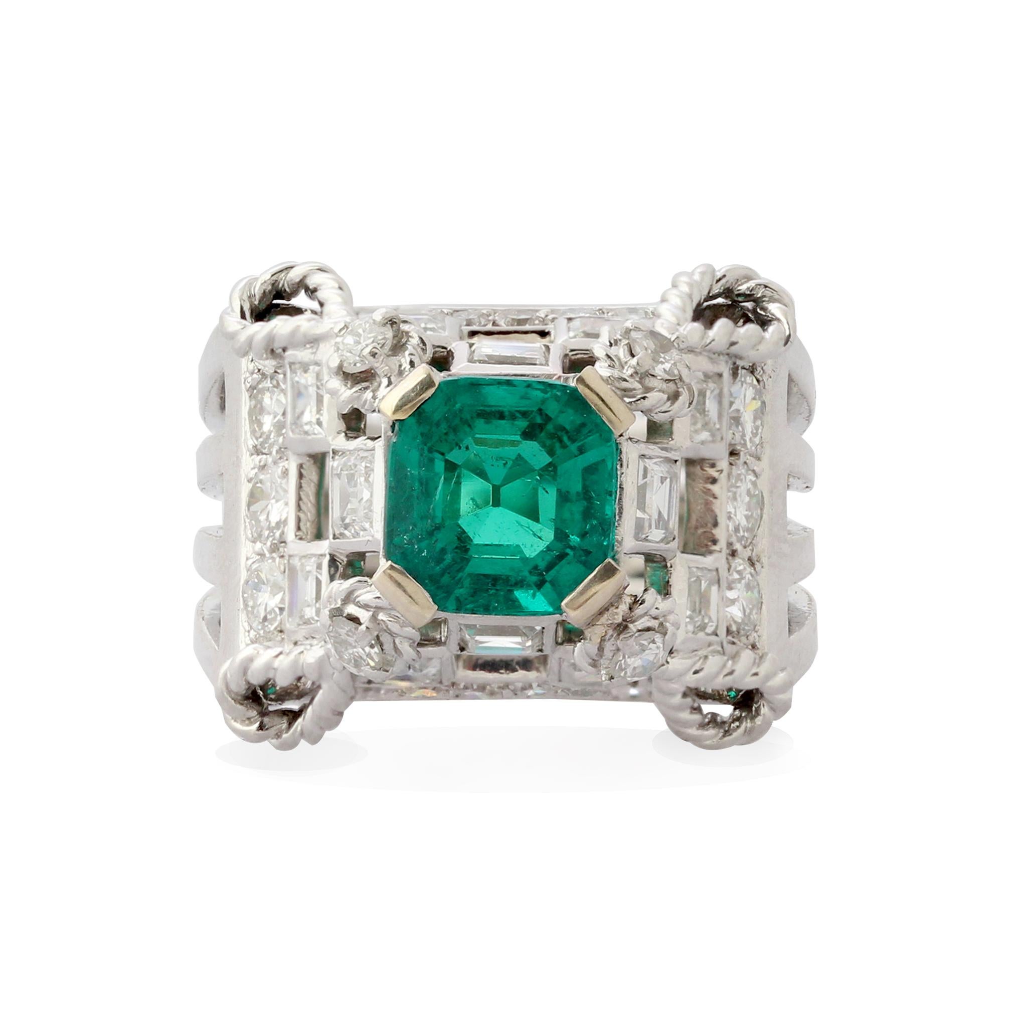 A French platinum, diamond & emerald ring set with an octagonal-cut Colombian emerald of approximately 1.60 carats. The emerald has minor clarity enhancement ring and is accompanied by a GCS certificate. Circa 1940s.

This ring can be resized.