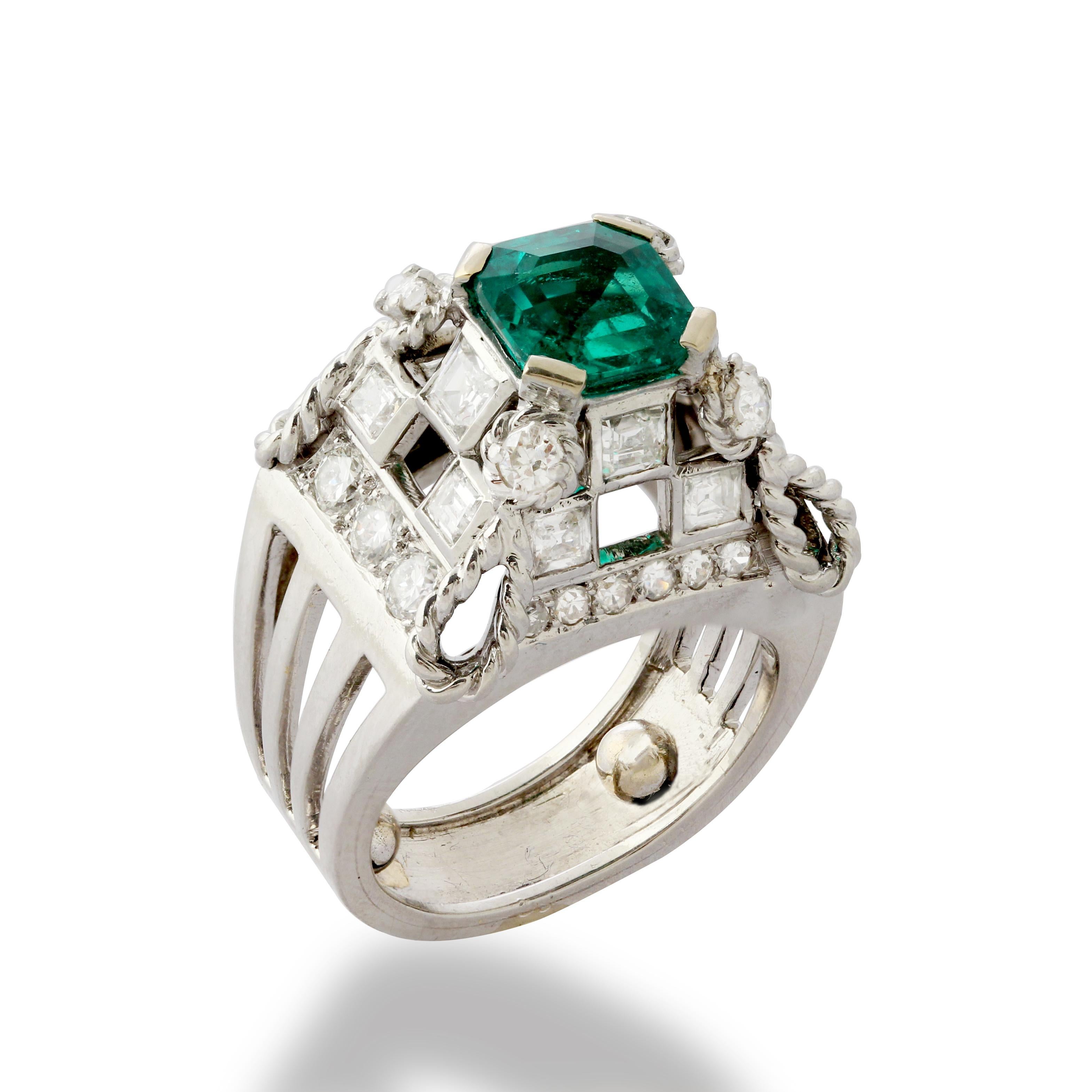 Octagon Cut French Platinum, Diamond & Colombian Emerald Ring