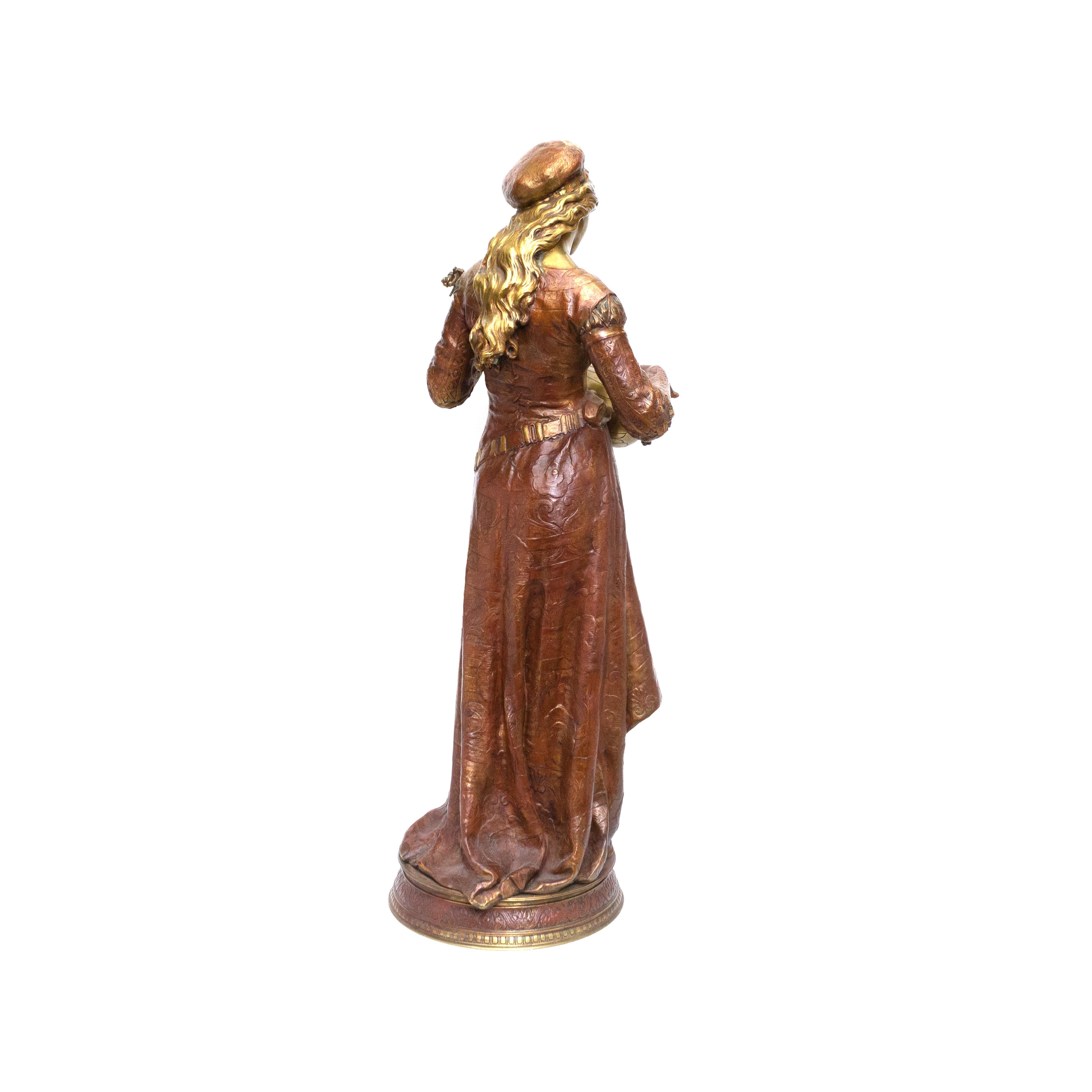 Renaissance Revival French Polychromed Bronze of Lady Playing the Lute
