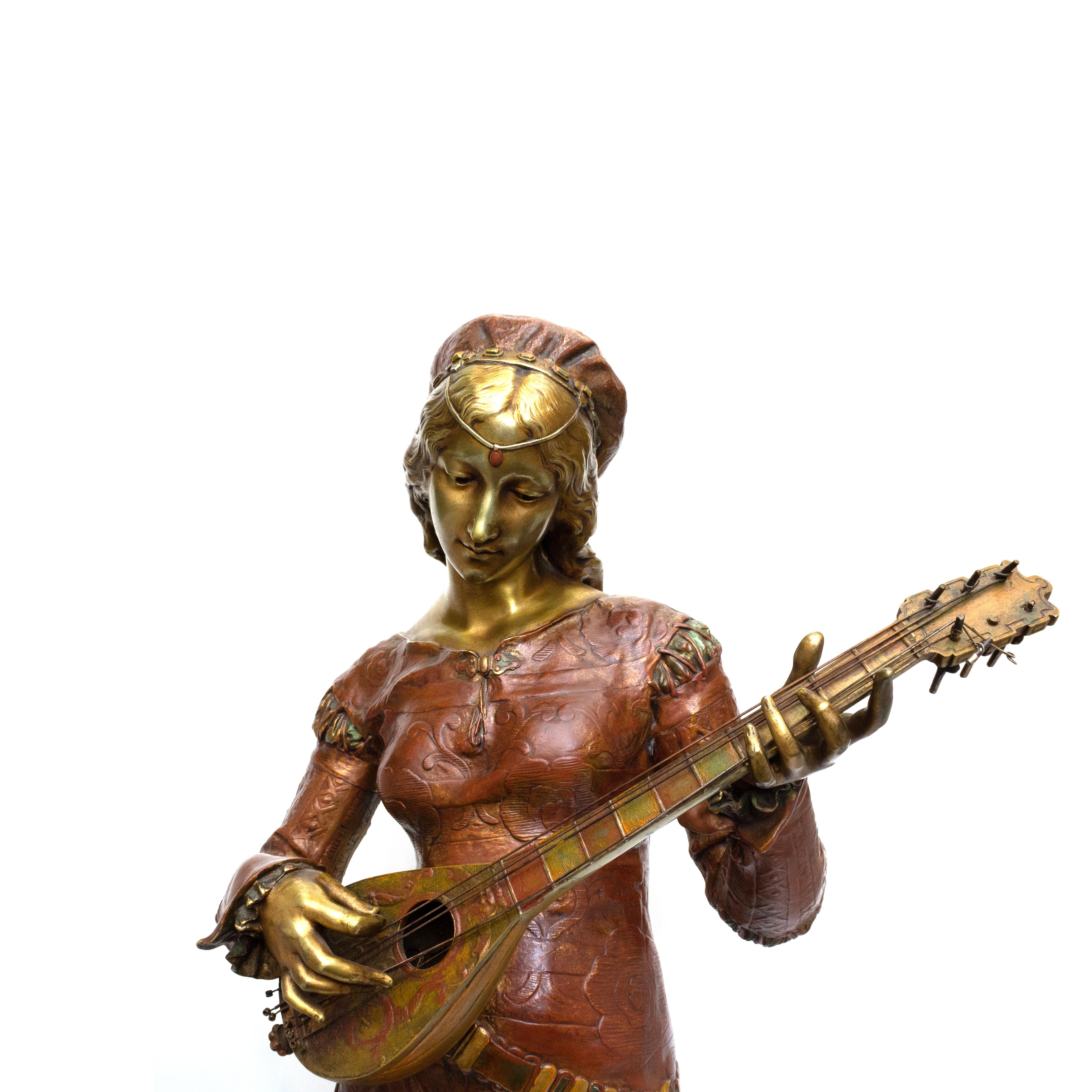 French Polychromed Bronze of Lady Playing the Lute In Good Condition In New York, NY