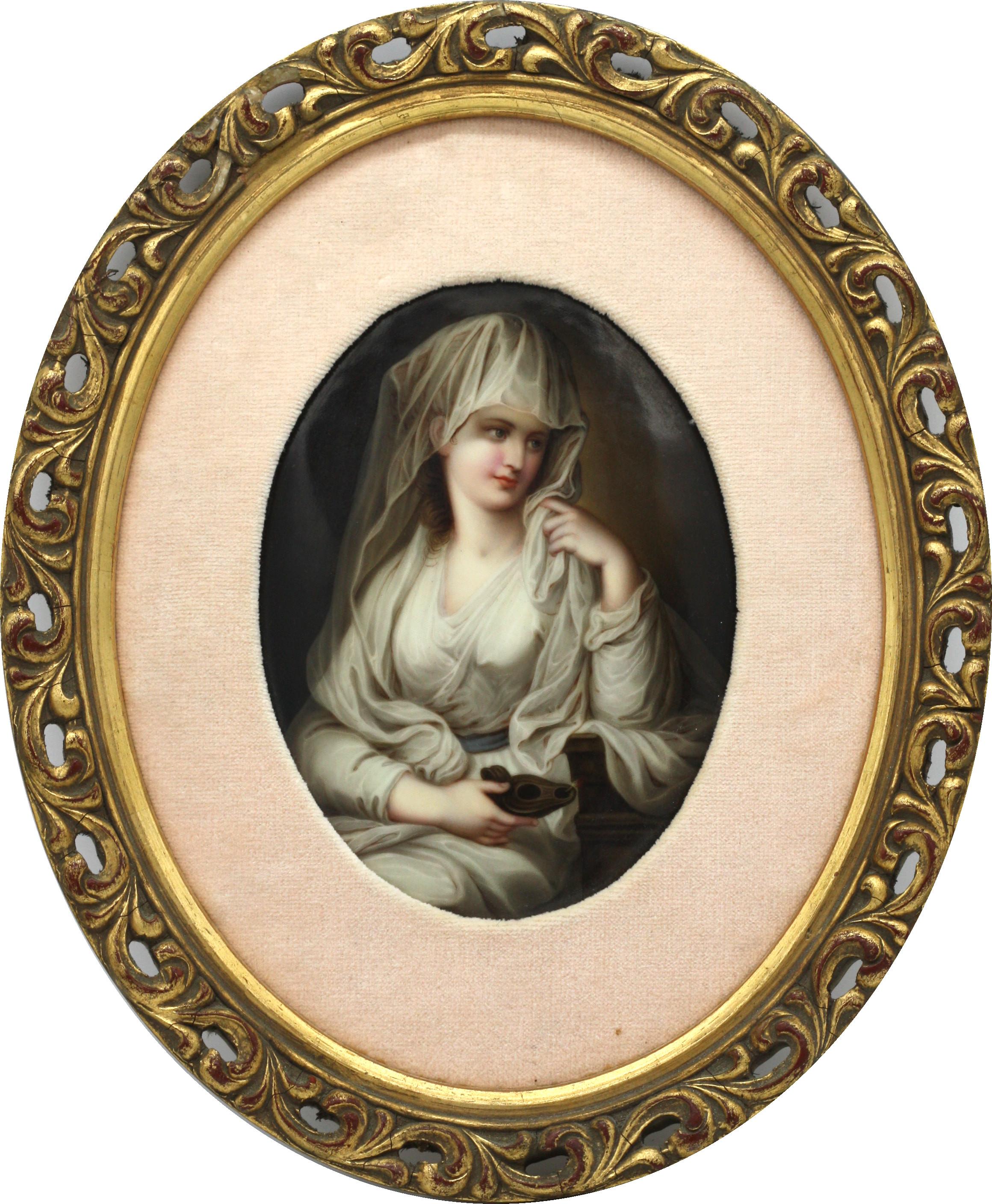 Ovale Porträtplakette aus französischem Porzellan
19. / Anfang 20. Jahrhundert
mit einer Schönheit gemalt, gerahmt
Maße: einschließlich Rahmen 69 cm, 27,16 Zoll hoch.
 