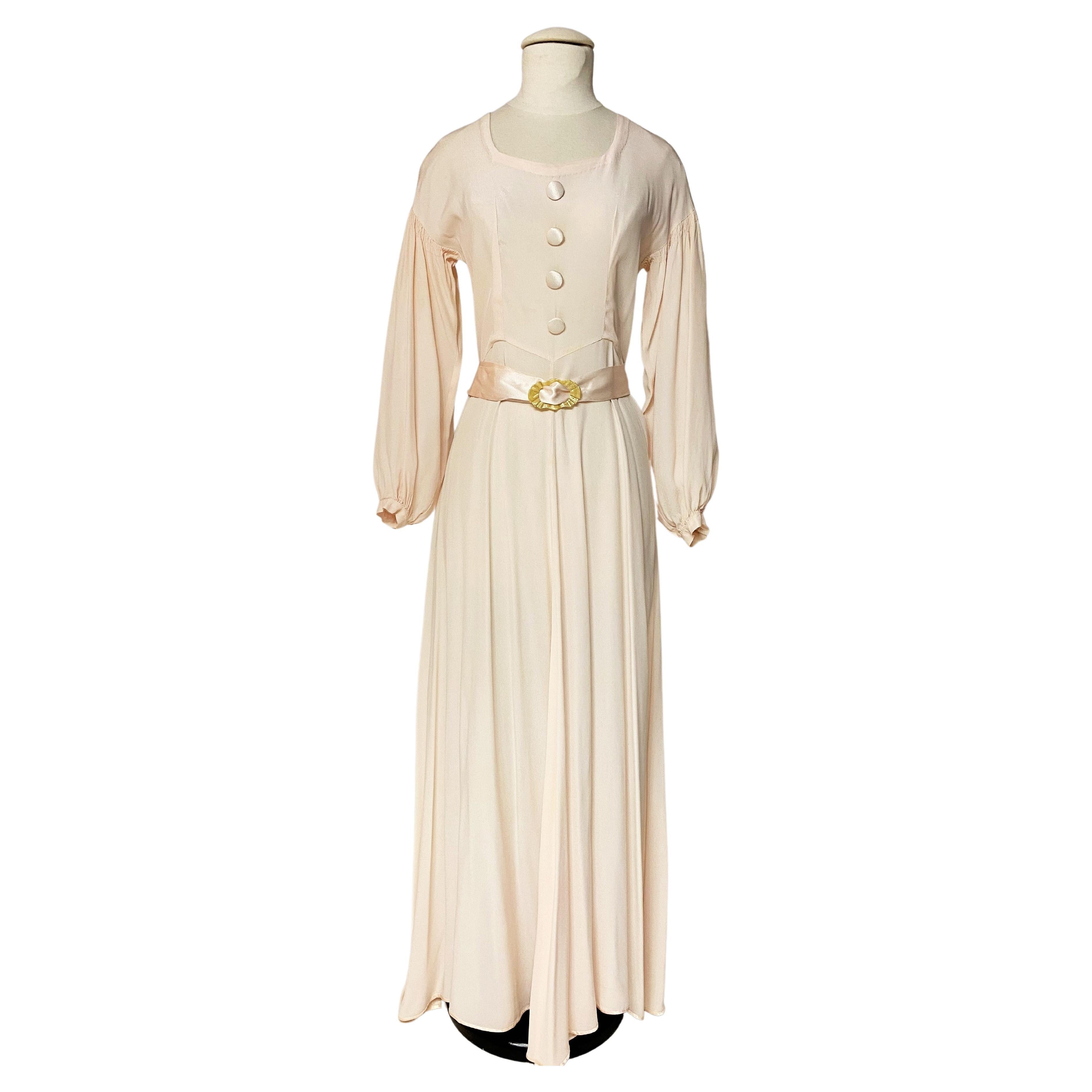 A French Powder Pink Crepe Satin Ceremonial Dress Circa 1940 For Sale
