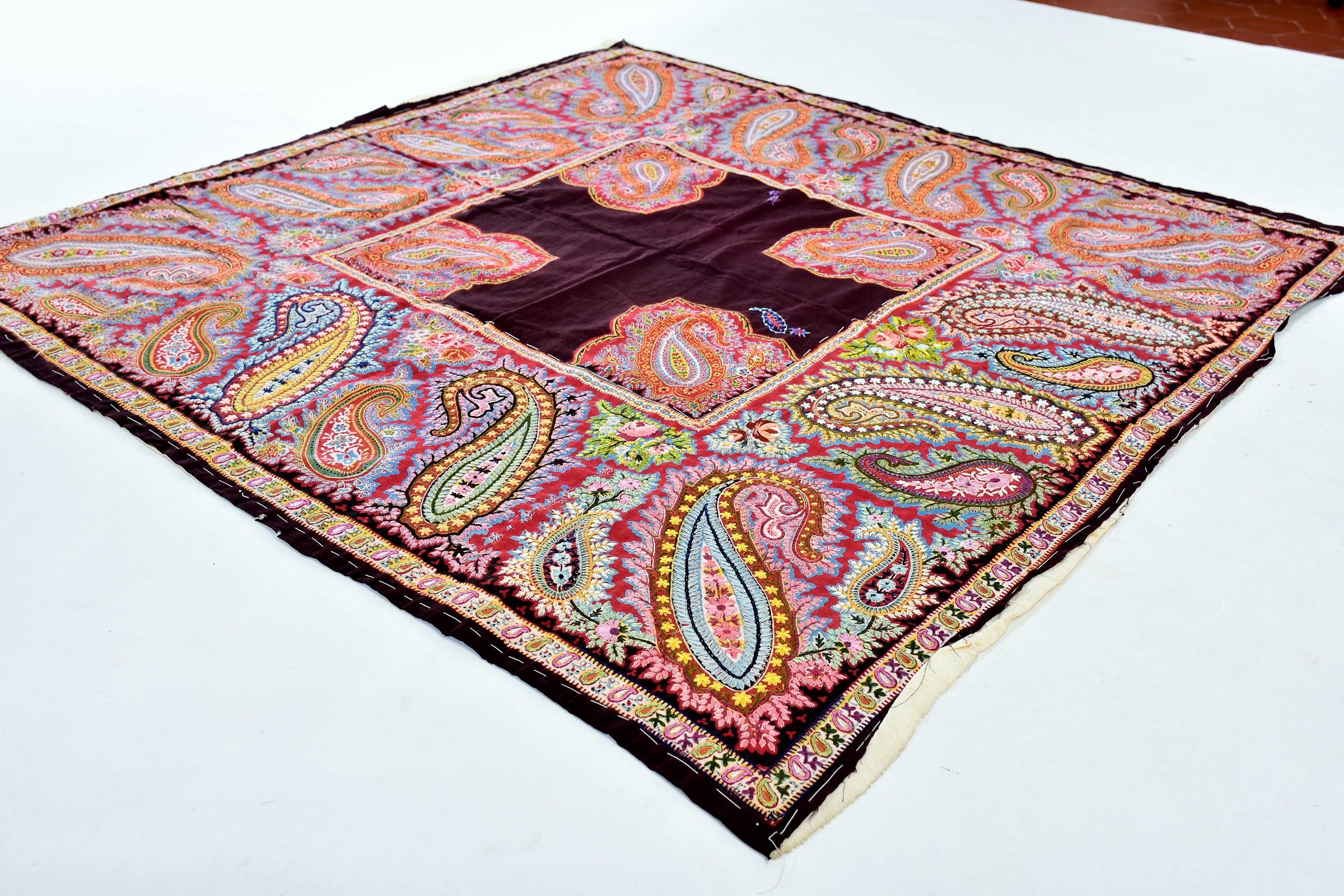 Brown A French Printed and embroidered Paisley Cotton Fichu Shawl - Alsace Circa 1870