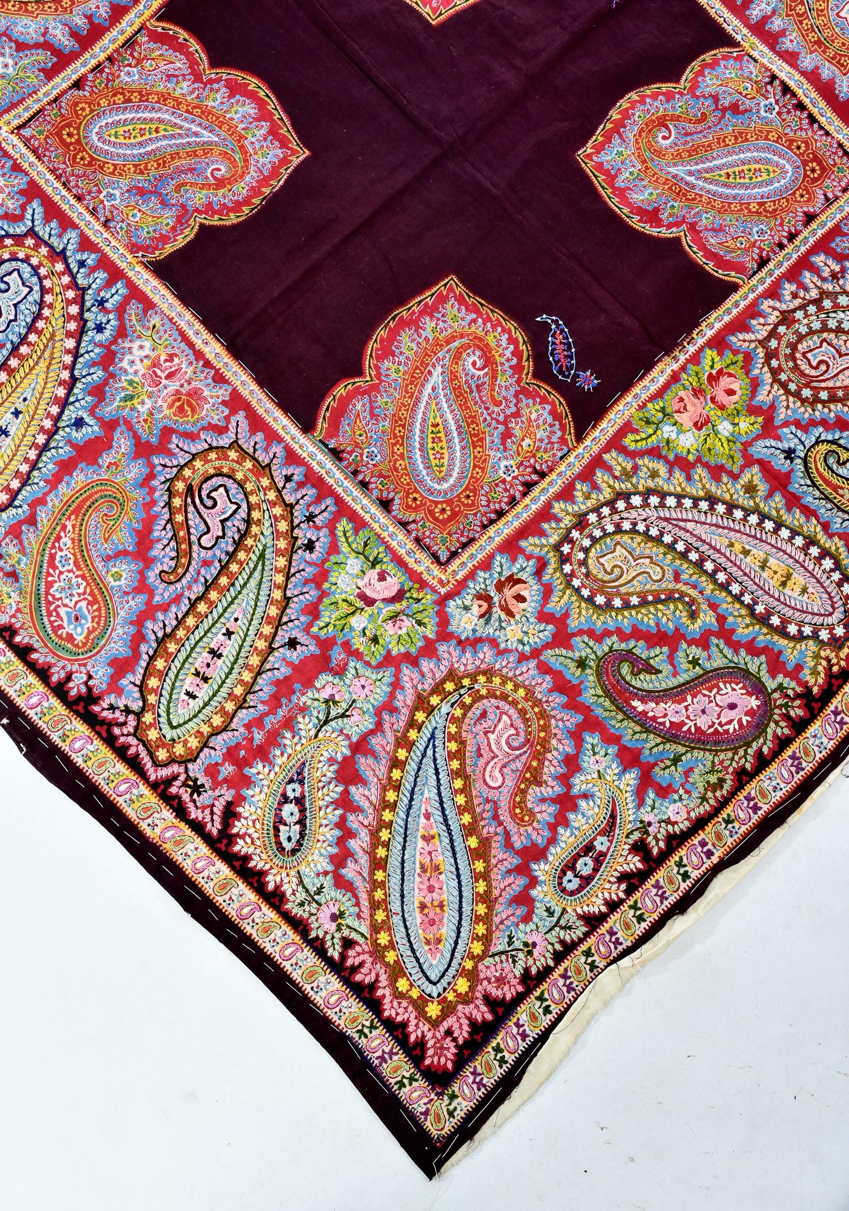 Women's or Men's A French Printed and embroidered Paisley Cotton Fichu Shawl - Alsace Circa 1870