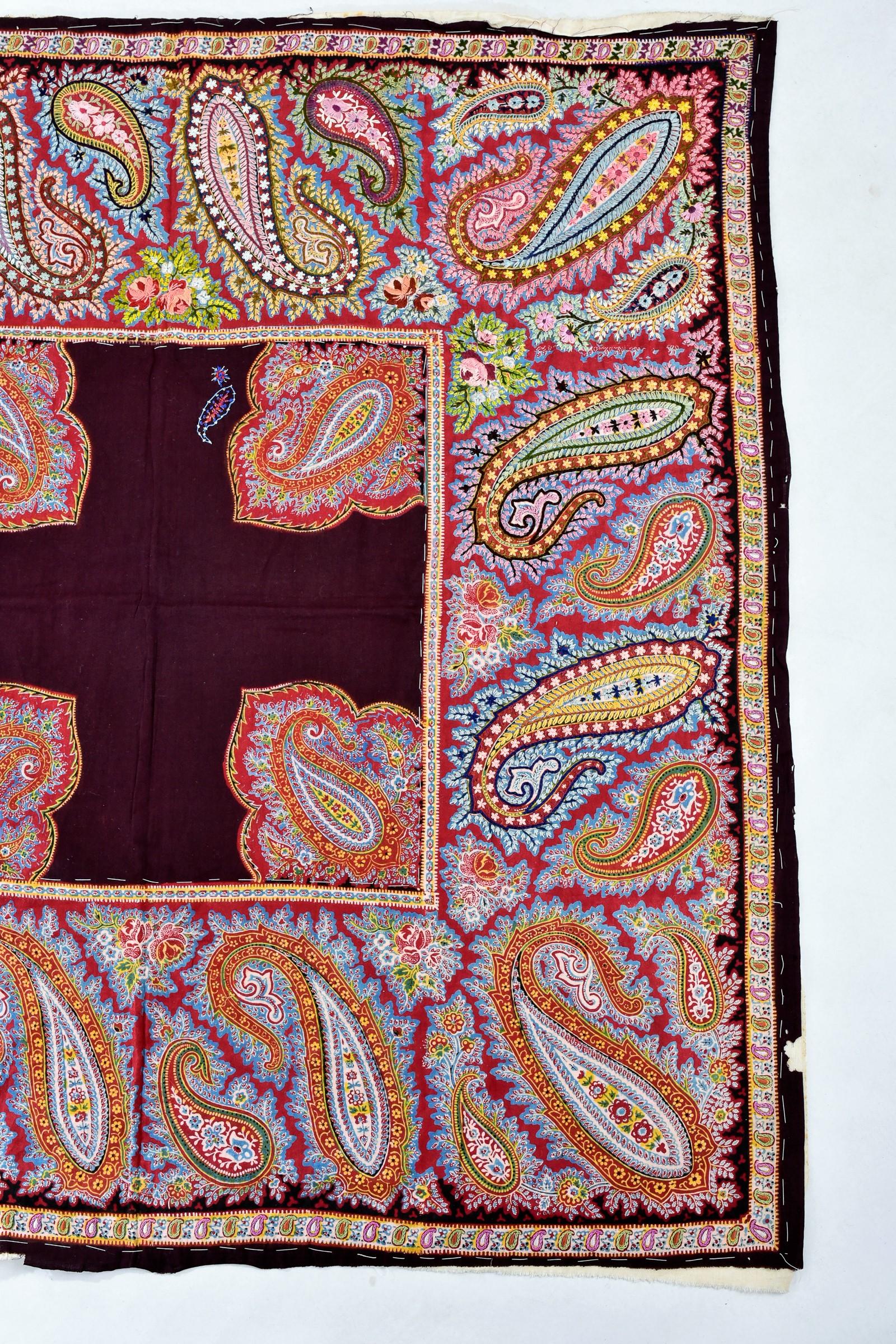 A French Printed and embroidered Paisley Cotton Fichu Shawl - Alsace Circa 1870 1