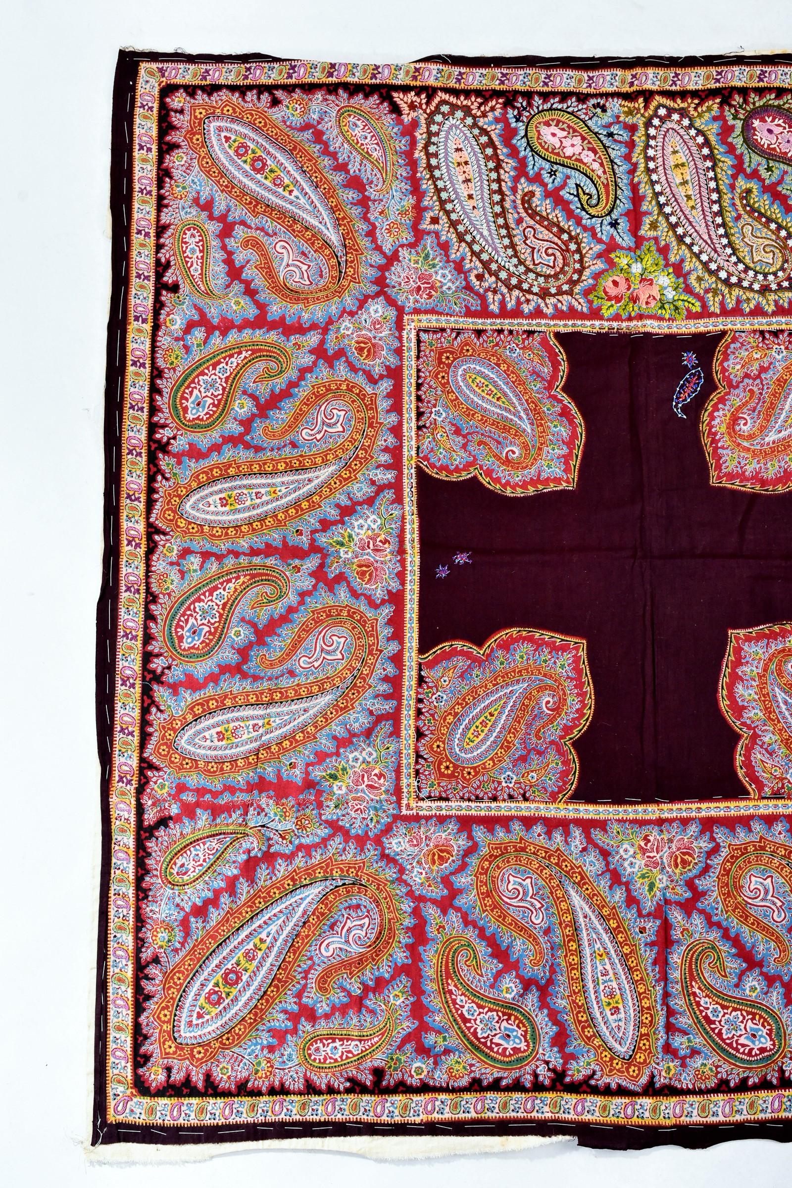 A French Printed and embroidered Paisley Cotton Fichu Shawl - Alsace Circa 1870 2