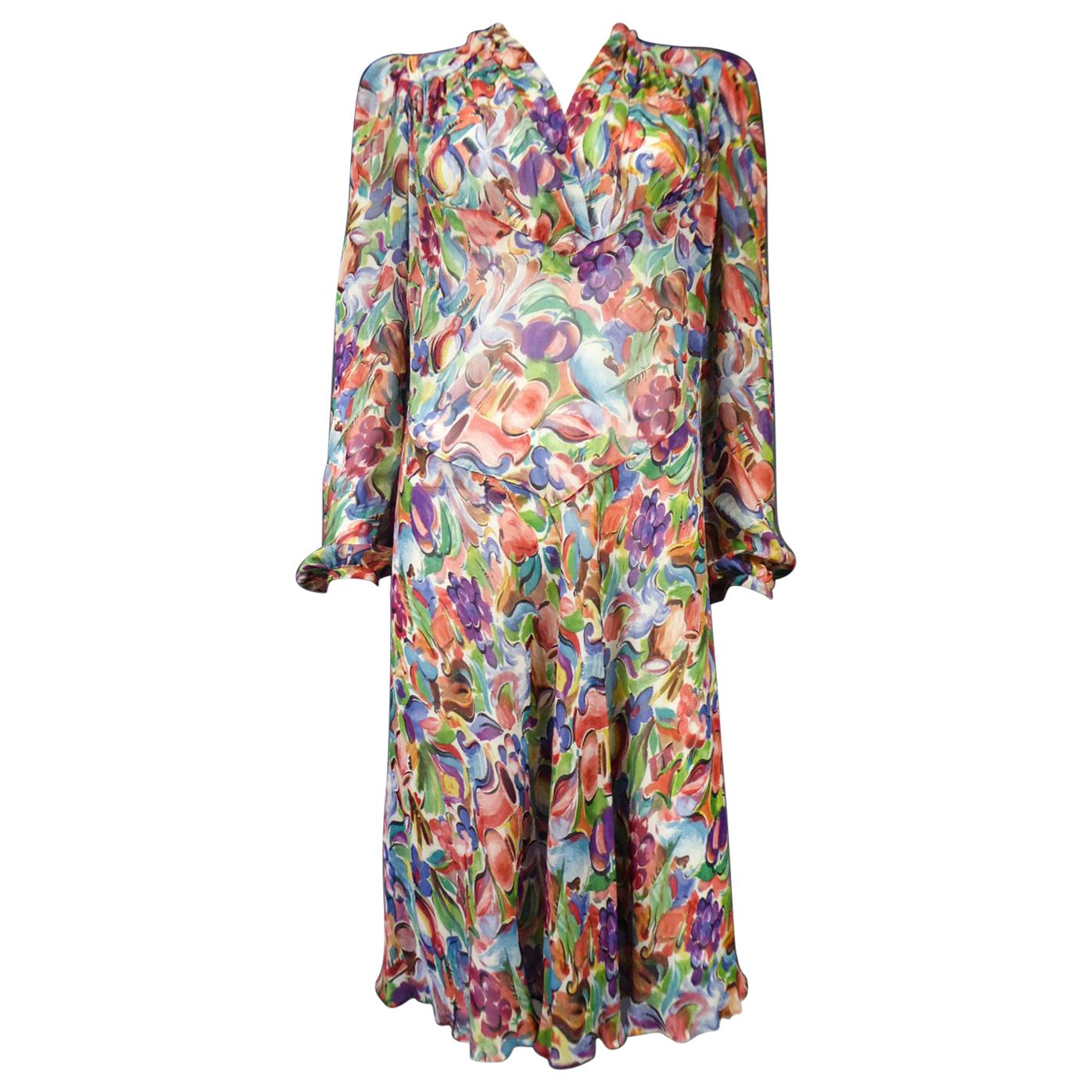 A French Printed Chiffon Silk Dress Raoul Dufy inspiration Circa 1940 in vendita