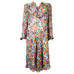A French Printed Chiffon Silk Dress Raoul Dufy inspiration Circa 1940
