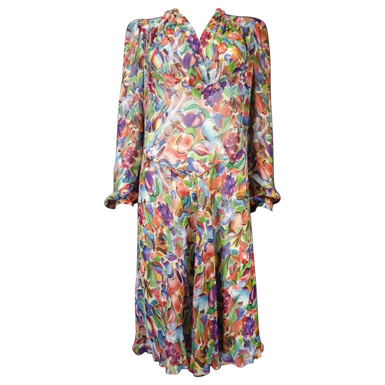 raoul silk dress A French Printed Chiffon Silk Dress Raoul Dufy inspiration Circa 1940