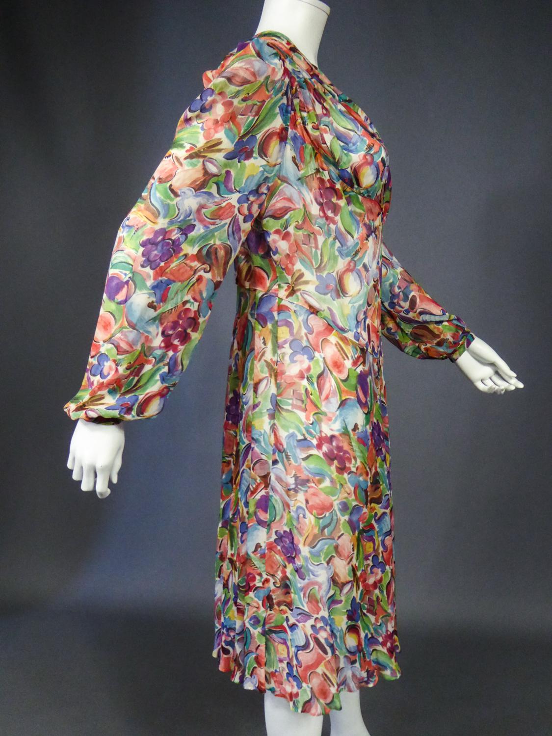 A French Printed ChiffonSilk Dress Raoul Dufy inspiration Circa 1940 For Sale 4