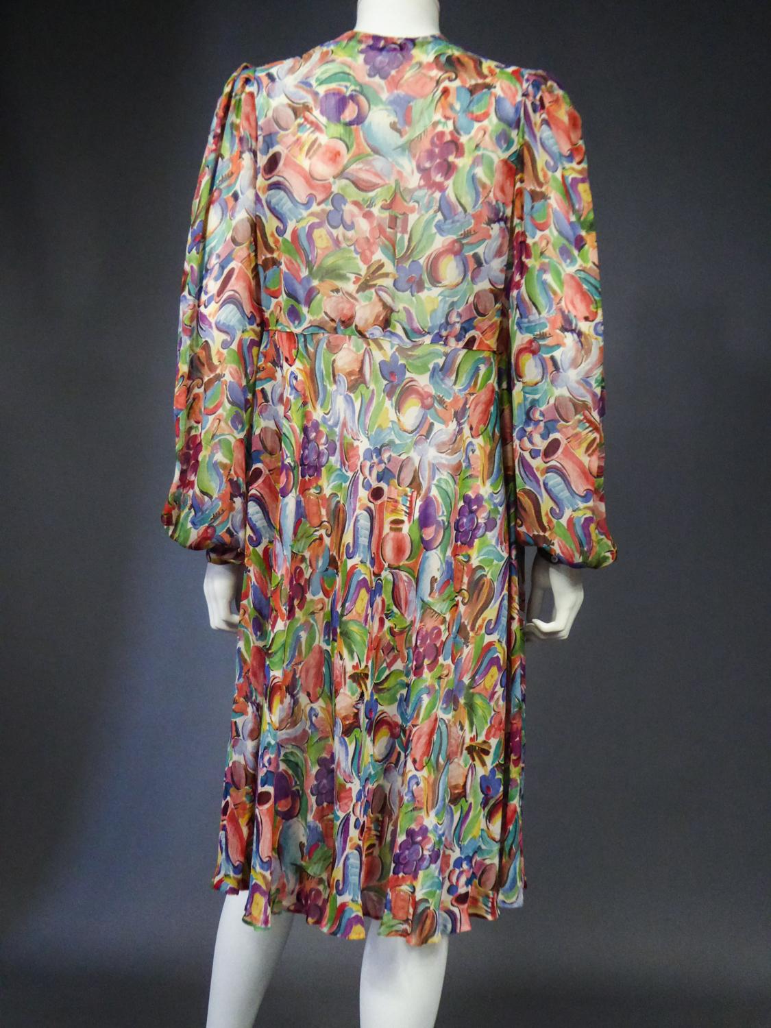 A French Printed ChiffonSilk Dress Raoul Dufy inspiration Circa 1940 For Sale 5