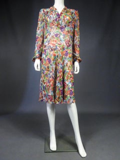 A French Printed ChiffonSilk Dress Raoul Dufy inspiration Circa 1940