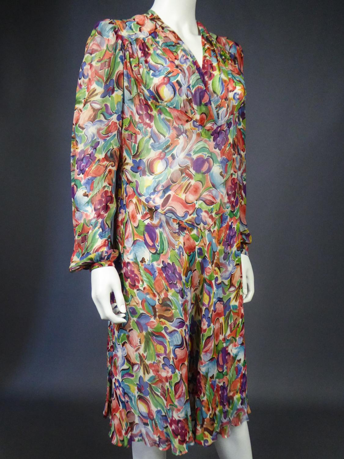 Women's A French Printed ChiffonSilk Dress Raoul Dufy inspiration Circa 1940 For Sale