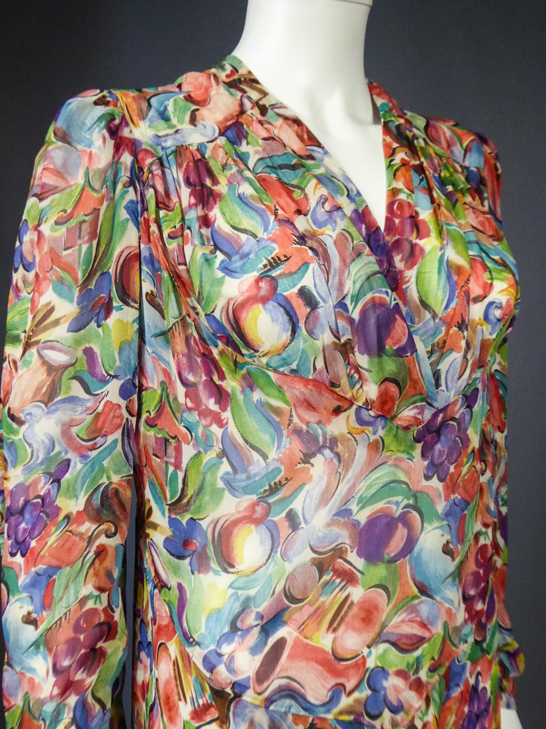 A French Printed ChiffonSilk Dress Raoul Dufy inspiration Circa 1940 For Sale 1
