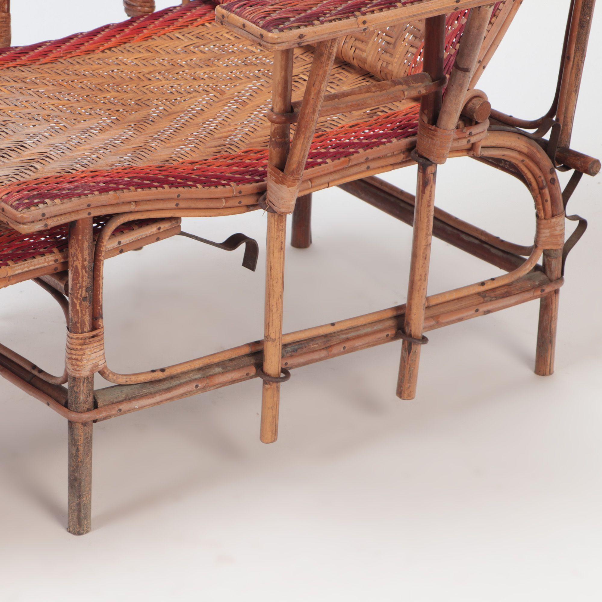 French Rattan Chaise Longue with Orange and Red Stripes, circa 1900 For Sale 2