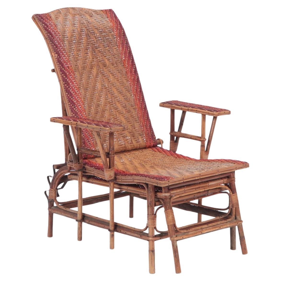 French Rattan Chaise Longue with Orange and Red Stripes, circa 1900 For Sale