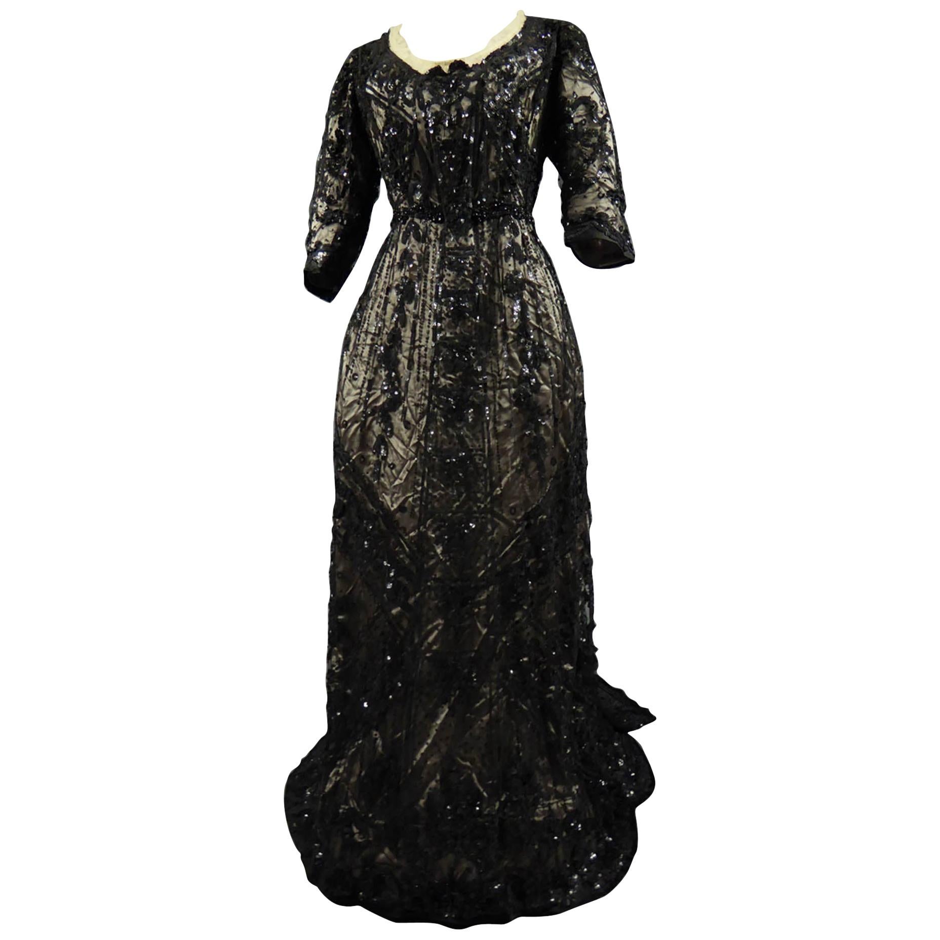 A French Reception Dress in Tulle Embroidered with Jet and Sequins Circa 1900