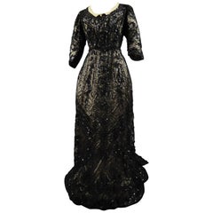 Antique A French Reception Dress in Tulle Embroidered with Jet and Sequins Circa 1900