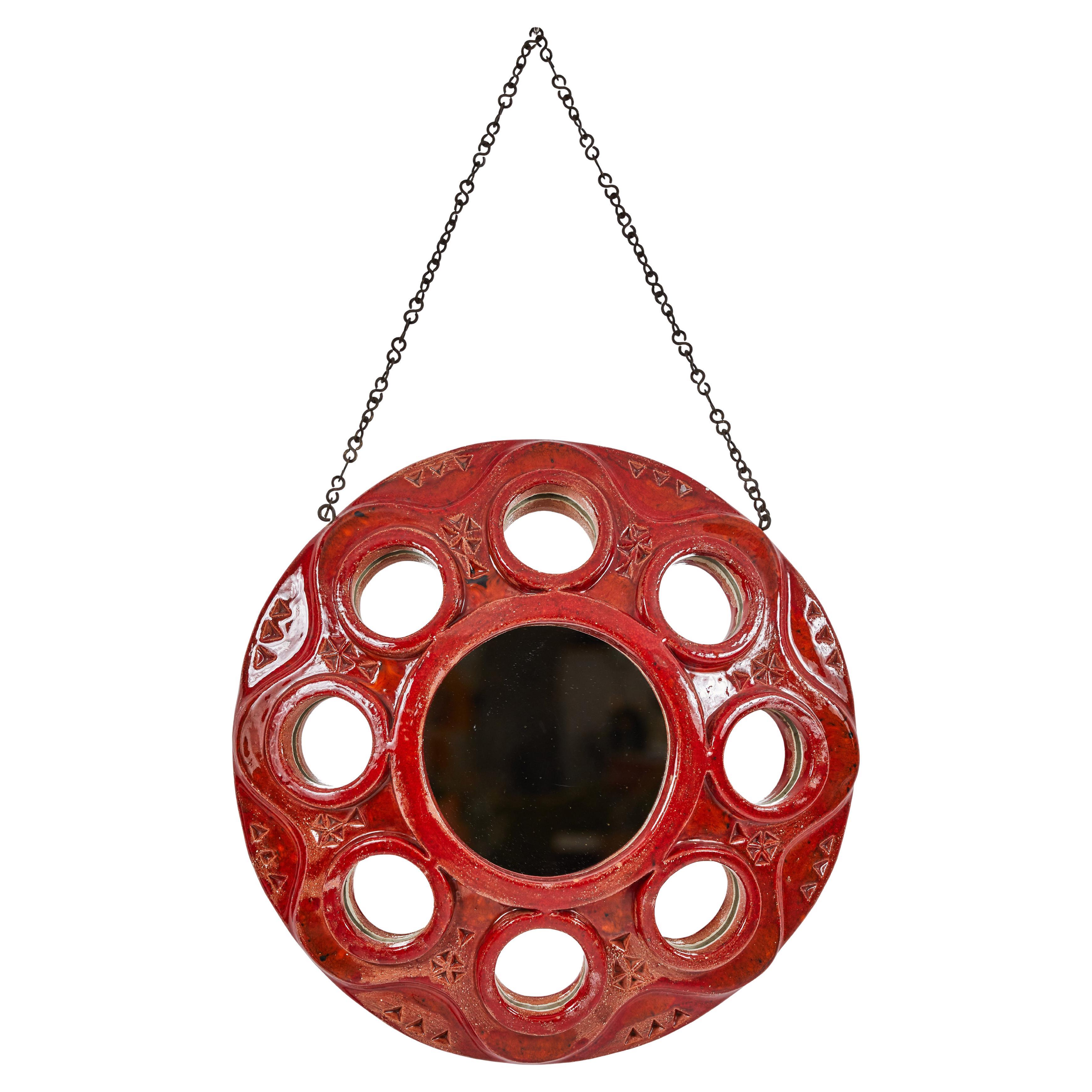 Französischer rot glasierter Ton-Spiegel aus Ton