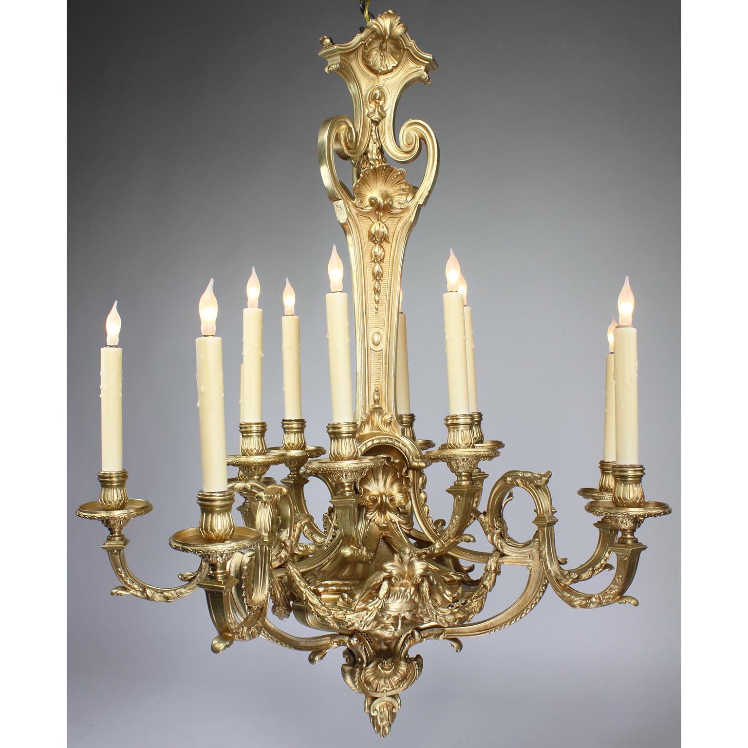 Ein feiner französischer Belle-Époque-Kronleuchter aus vergoldeter Bronze mit zwölf Lichtern im Regency-Revival-Stil (Régence-Stil). Der verschnörkelte, eiförmige Korpus hängt an einem zentralen, mit Muscheln und Blumen verzierten Stiel, der von