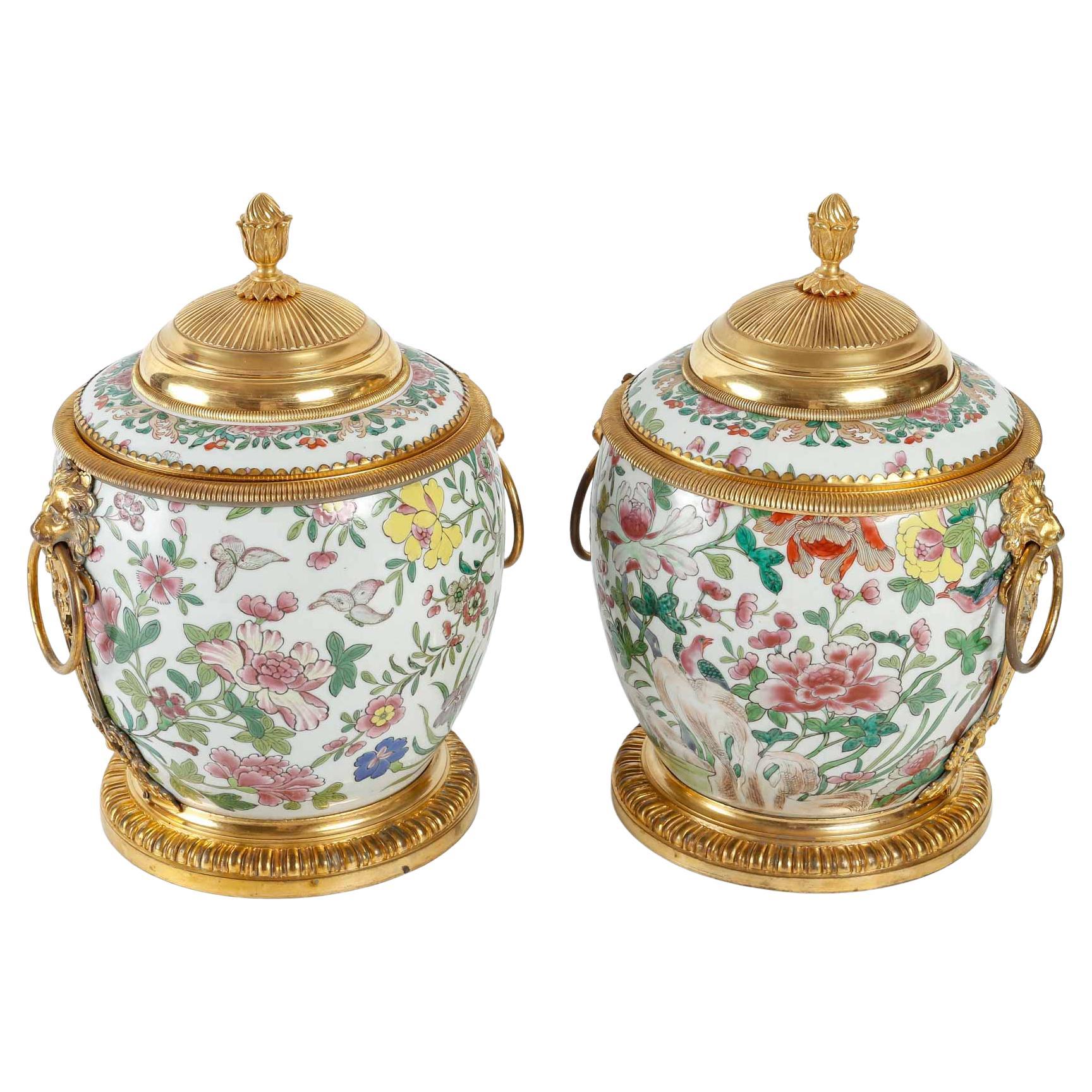  A French Regence Style Ormolu-Mounted Chinese Porcelain Pair of Ginger Jar