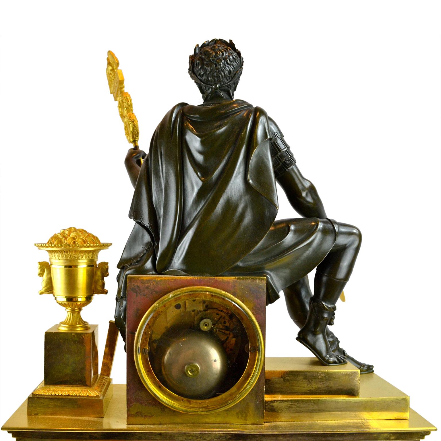 French  Empire Gilt and Patinated Bronze Clock of a Seated Roman Emperor In Good Condition For Sale In Vancouver, British Columbia