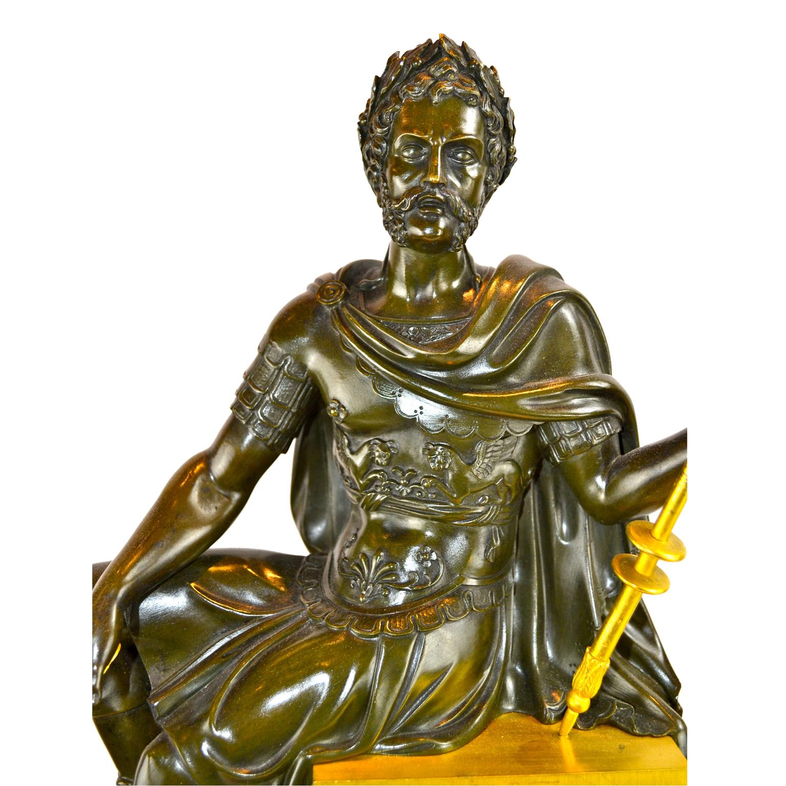 Early 19th Century French  Empire Gilt and Patinated Bronze Clock of a Seated Roman Emperor For Sale
