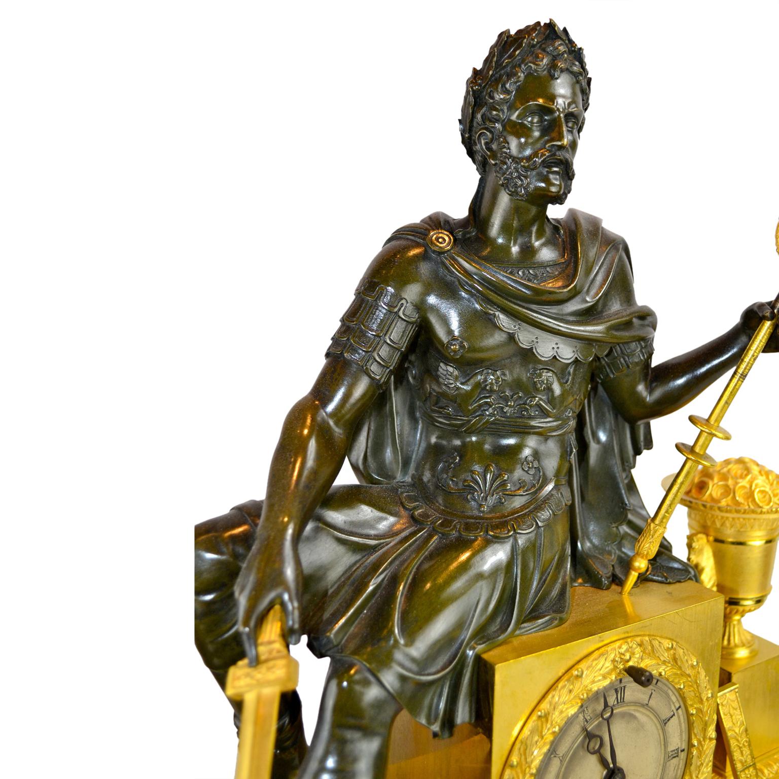 French  Empire Gilt and Patinated Bronze Clock of a Seated Roman Emperor For Sale 1