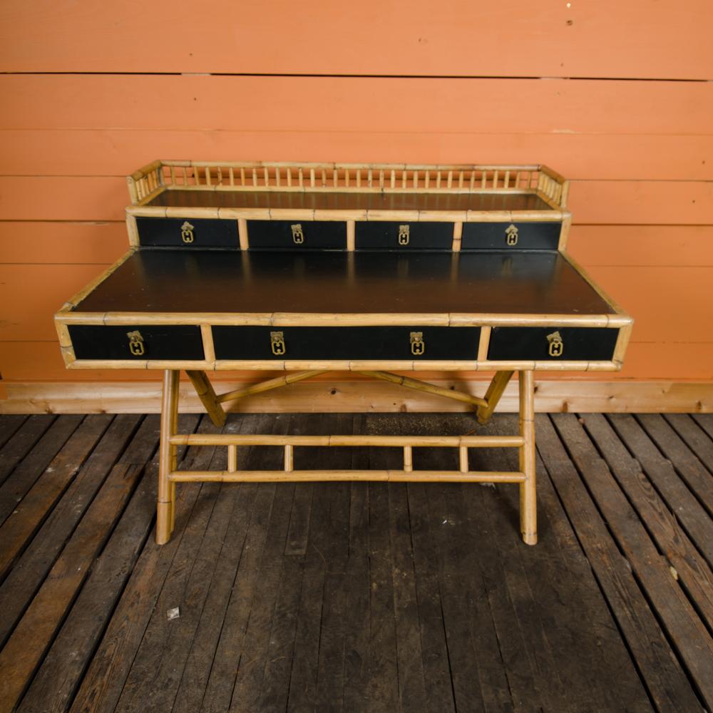 French Riviera Style Bamboo Writing Desk with Ebonized Rattan Top, circa 1970 In Good Condition In Philadelphia, PA