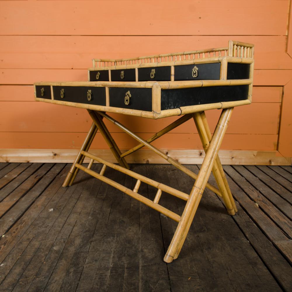 Late 20th Century French Riviera Style Bamboo Writing Desk with Ebonized Rattan Top, circa 1970