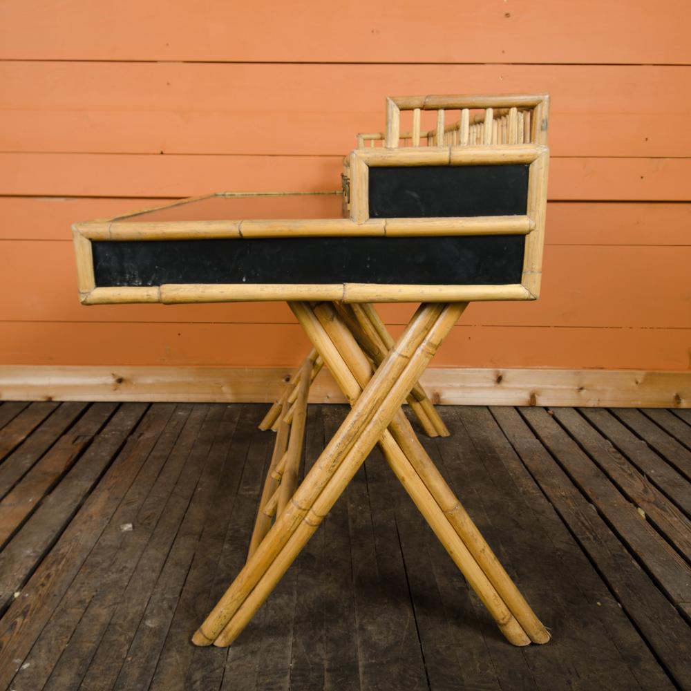 French Riviera Style Bamboo Writing Desk with Ebonized Rattan Top, circa 1970 1