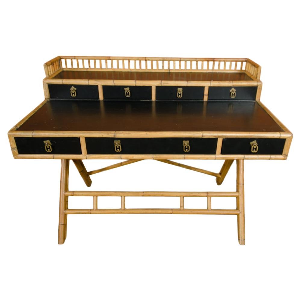 French Riviera Style Bamboo Writing Desk with Ebonized Rattan Top, circa 1970