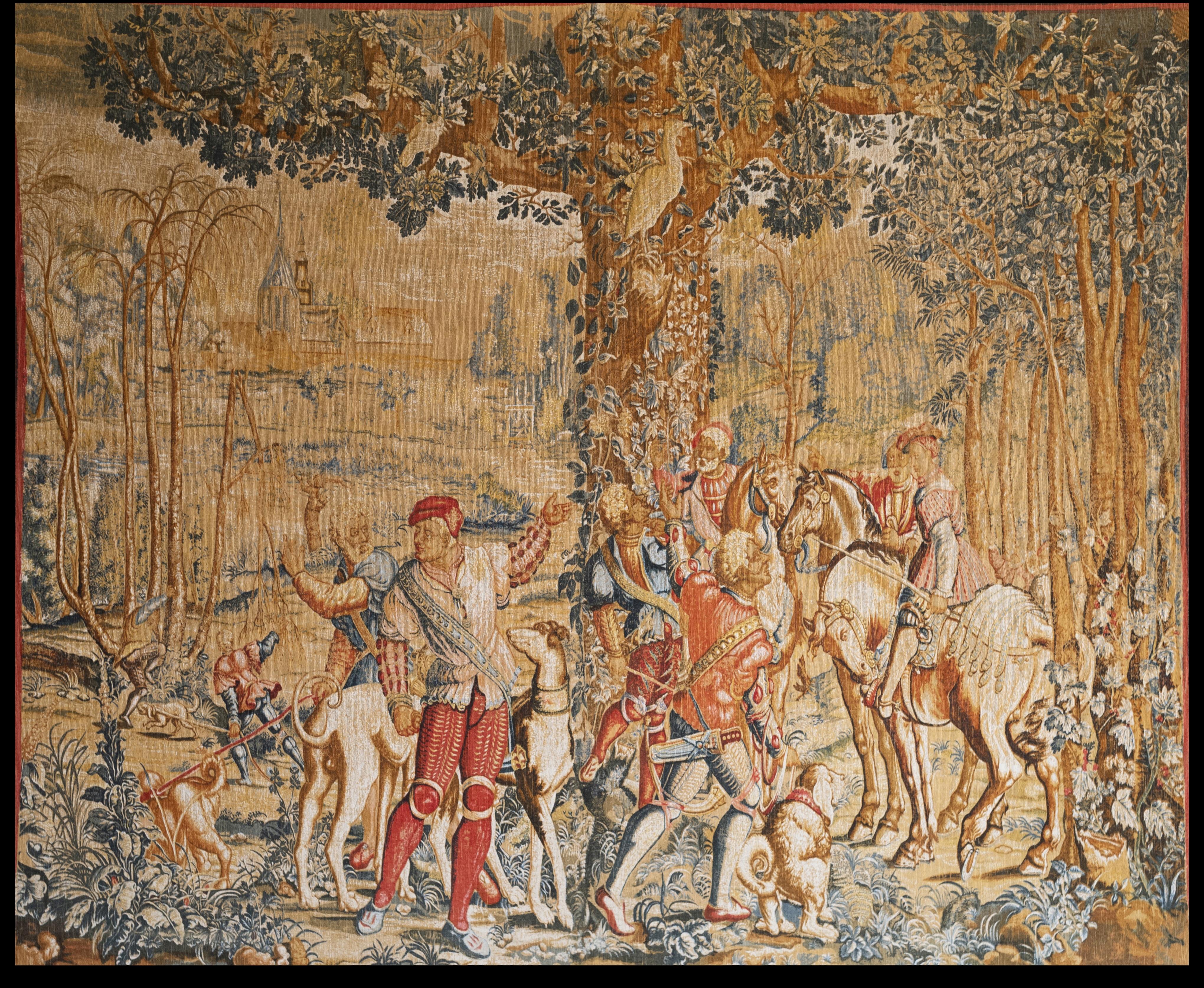 This early 20th Century French-Rococo, inspired by Charles Le Brun’s designed tapestries, depicting a hunting scene - one the favorite entertainments in the court of Louis XIV. This piece represents the famous series “Maximilien Hunt,” and is