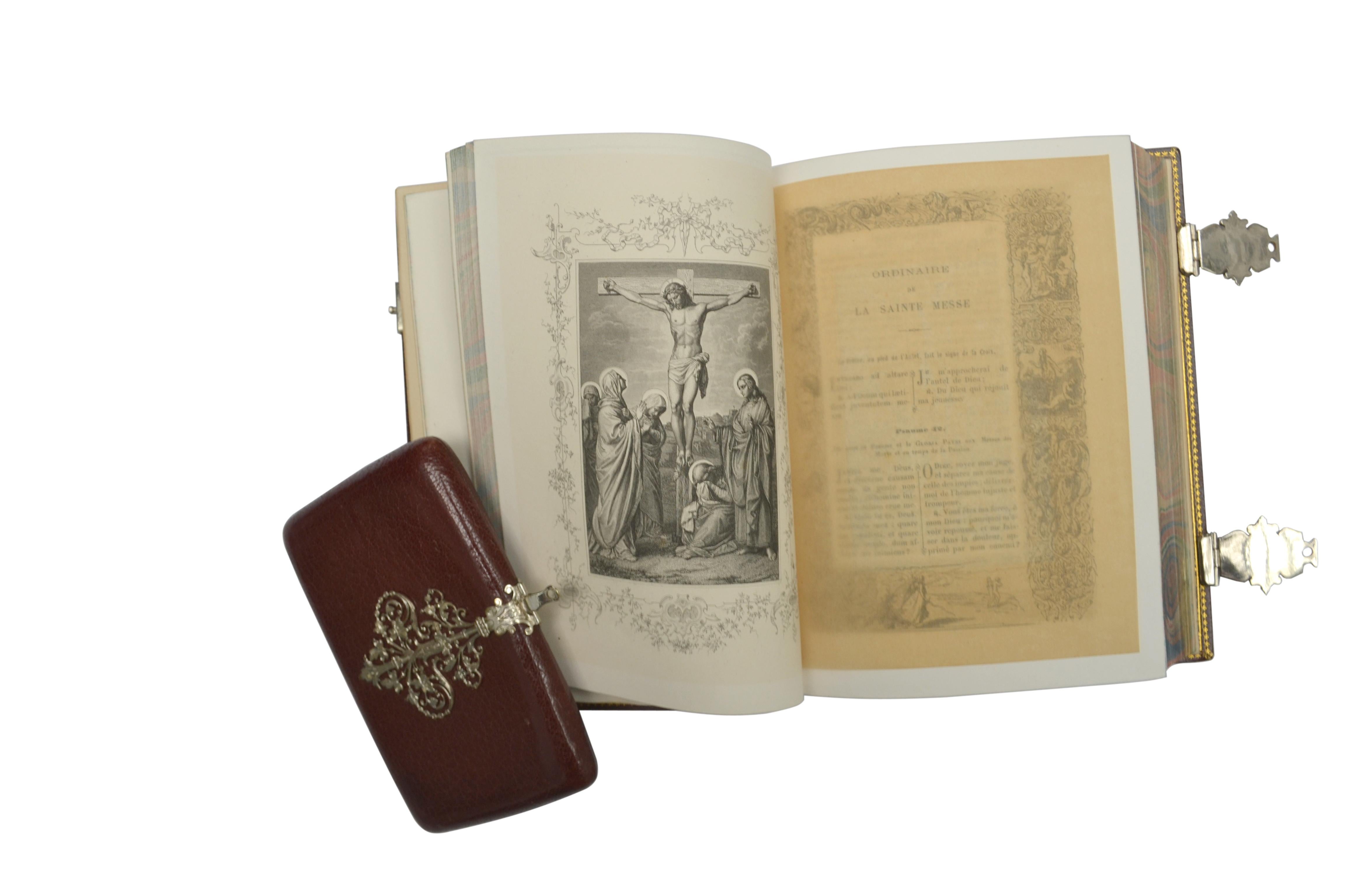 Hand-Crafted French Roman Missal, Notebook and Coins/Rosary Purse Set Dated 1878 For Sale